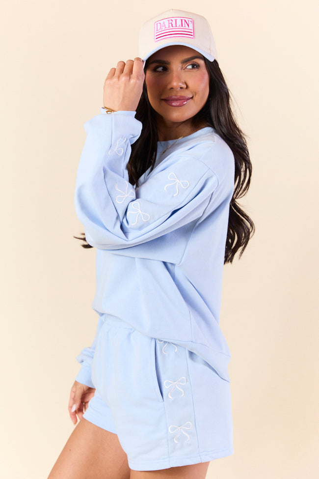 Light Blue Bow Crewneck Long Sleeve Sweatshirt for Women - Soft Casual Pullover Top for Everyday Wear | Perfect for Outfits, Dates & Cozy Loungewear