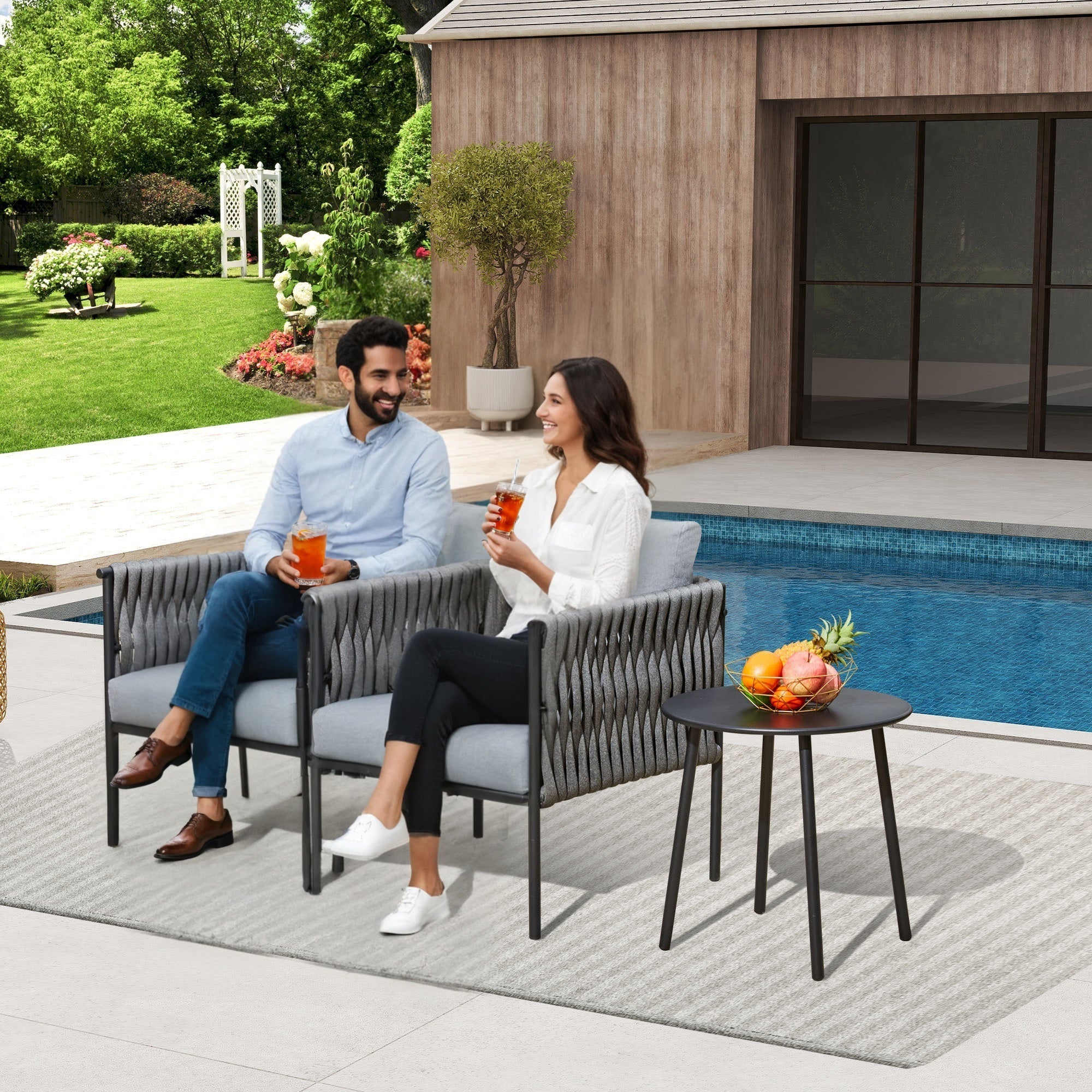 EROMMY 3-Piece Patio Bistro Set - Modern Outdoor Furniture with Thick Cushions, Durable & Weather Resistant - Earth Black & Starry Sky Gray - Perfect for Balcony, Garden, Poolside & Backyard Relaxation