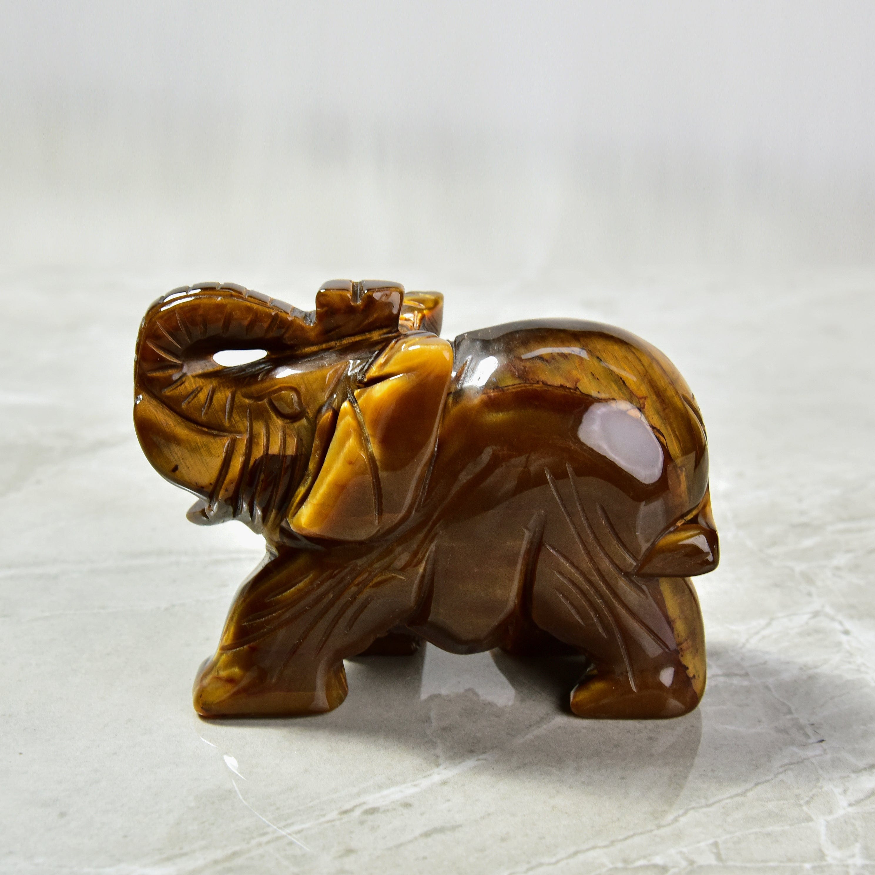 4 Tiger Eye Elephant Natural Gemstone Carving - Handmade Spiritual Decor, Feng Shui Ornament for Home, Office & Meditation Space