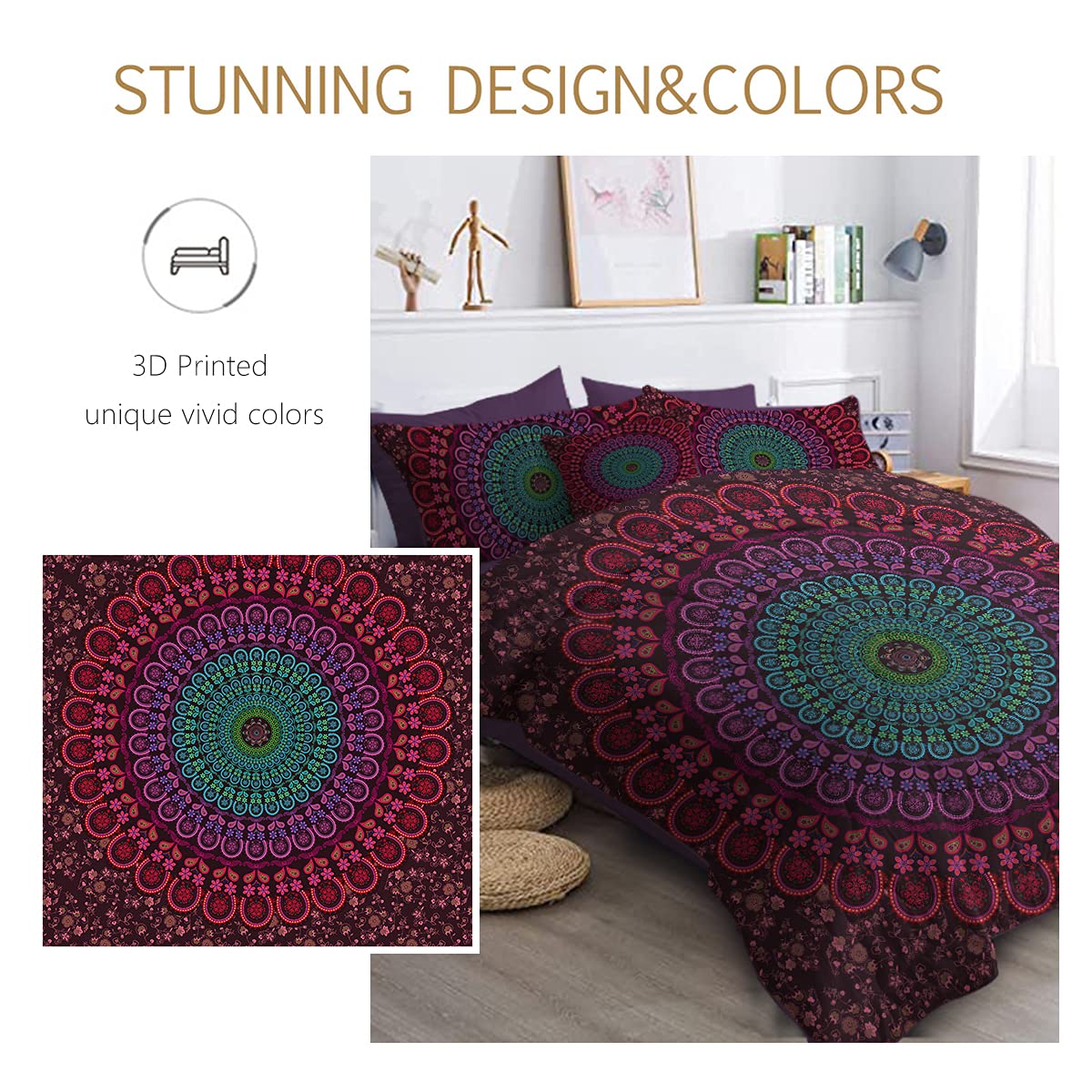 Bohemian Queen Bedding Set - 8 Piece Mandala Quilt Comforter Set with Sheets & Pillow Shams (Red) - Perfect for Boho Chic Bedroom Decor, Guest Room, or Dorm Room