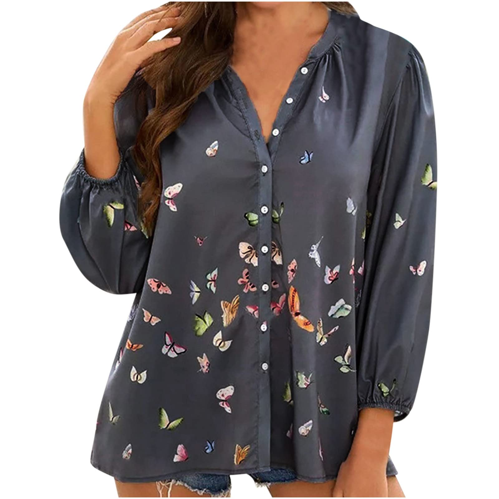 Women's Lightweight Flowy Long Sleeve Button Down Shirts - Elegant Butterfly Print Pullover Blouse with Relaxed Fit | Perfect for Office Wear, Casual Outings & Spring Layering