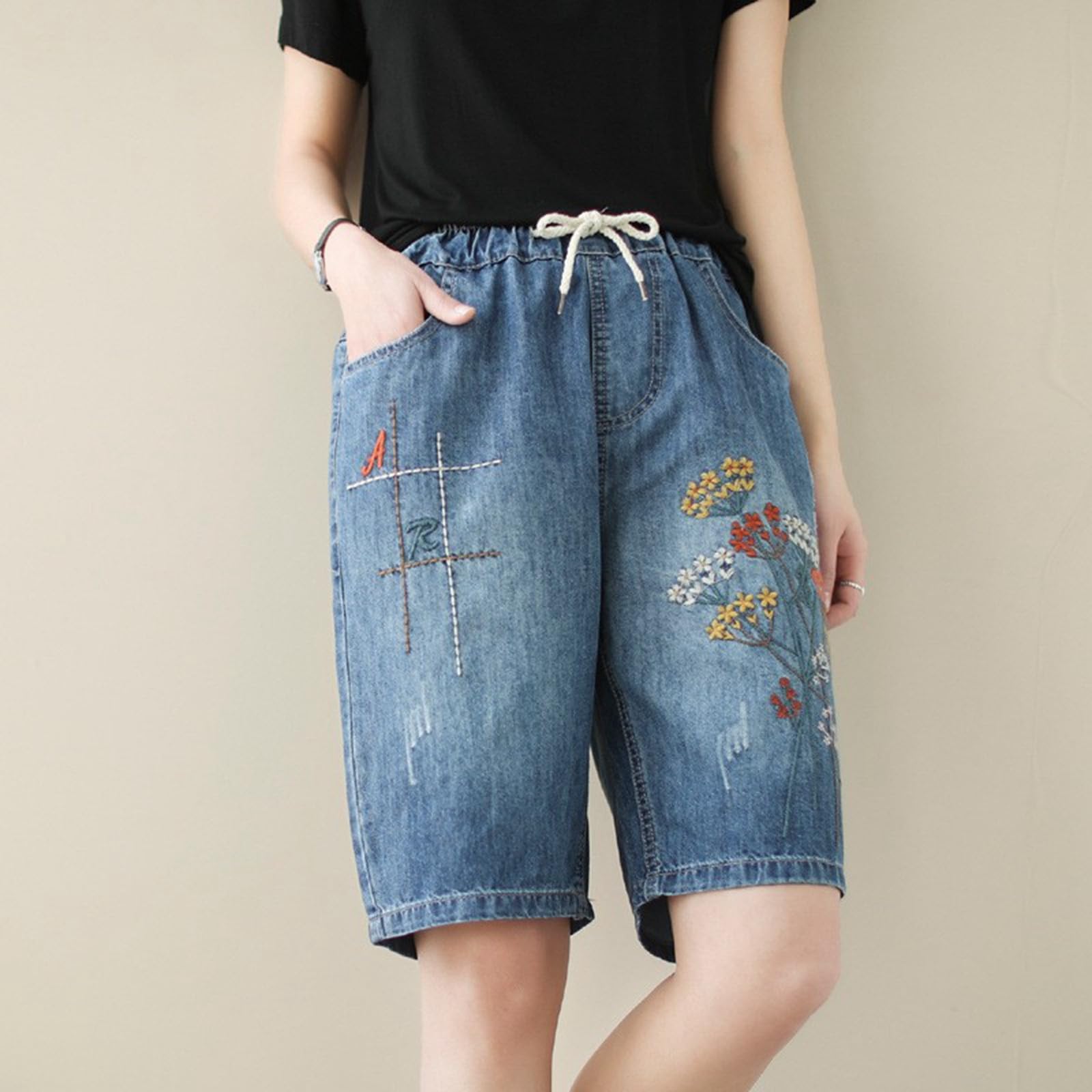 Women's Relaxed Fit Jean Shorts - High Rise Boyfriend Denim Shorts with Embroidered Details | Y2K Retro Style for Summer 2024 | Perfect for Casual Outings, Beach Trips & Music Festivals