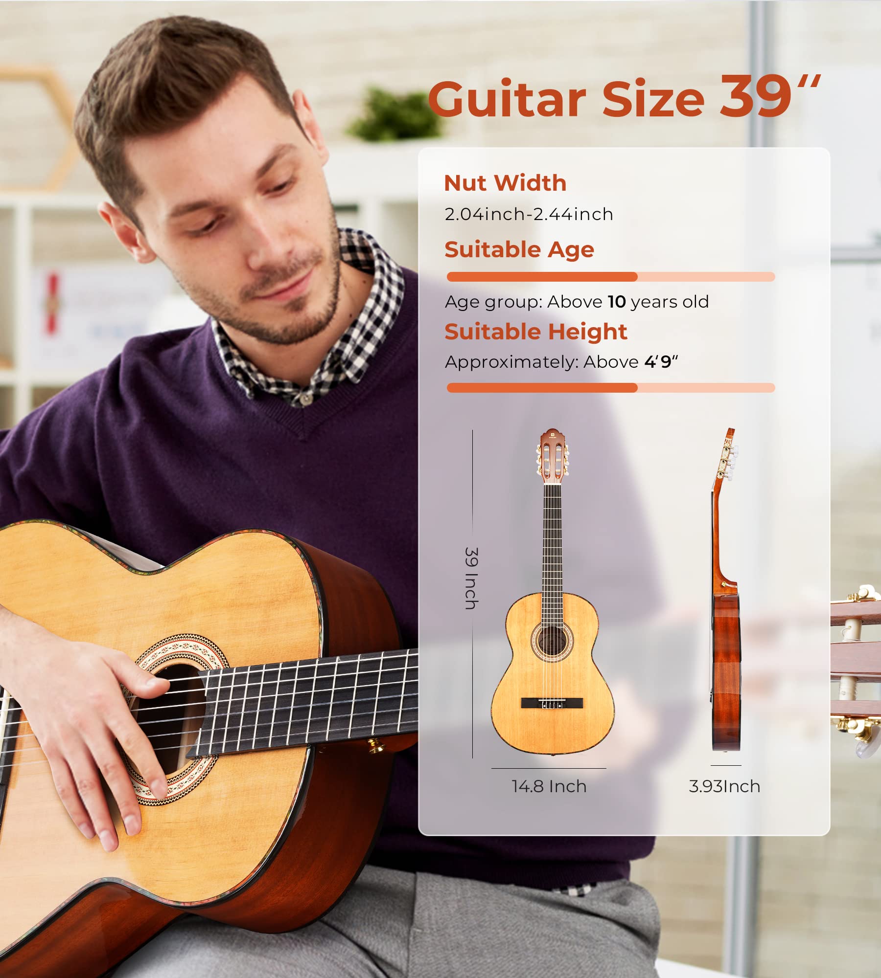 Vangoa 39 Inch Full Size 4/4 Spanish Style Classical Guitar with Solid Cedar Top & Nylon Strings - Perfect for Beginner Adults | Ideal for Music Lessons, Home Practice & Live Performances