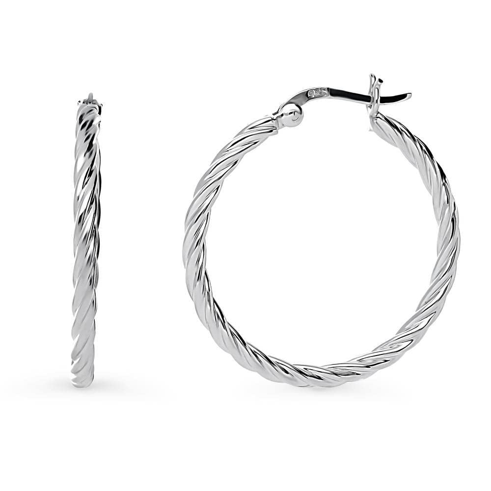 Sterling Silver Cable Medium Hoop Earrings for Women - 1.2 Inch Yellow Gold Flashed & Rhodium Plated - Elegant Everyday Jewelry for Work, Date Night and Special Occasions