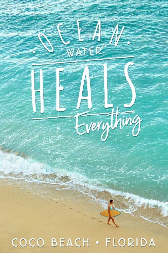 Florida Coco Beach Surfer Walking on Shore - Ocean Water Heals Everything - 24x36 Premium Metal Wall Art - Aluminum Home Decor for Beach House, Living Room & Office