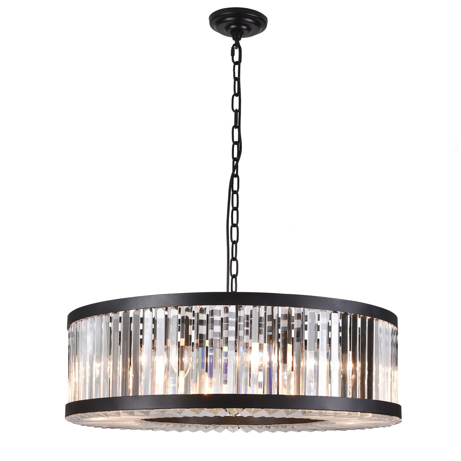 Harbin-Star 70CM Round Crystal Ceiling Light - Modern Black 8-Light Chandelier with E12 Base, Elegant Hanging Pendant Lamp for Dining Room, Living Room, Bedroom Lighting (Bulbs Not Included)