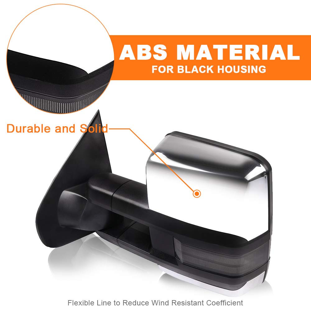 ROADFAR Towing Mirrors for GMC Sierra 2500/3500 HD (2015-2019) - Power Adjustable Heated LED Signal Mirrors with Puddle Light & Chrome Housing | Perfect for Towing, Camping & Heavy-Duty Truck Accessories