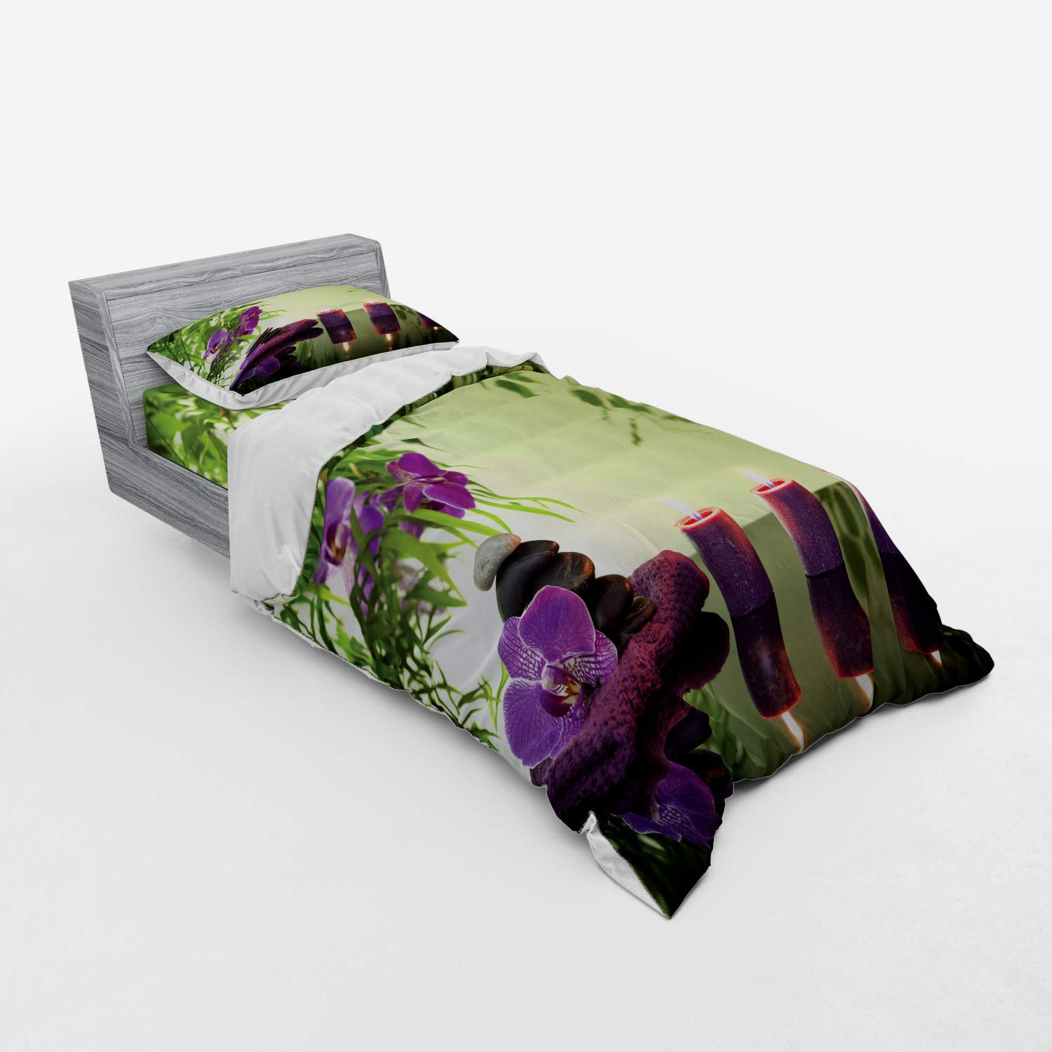 Ambesonne 3-Piece Spa Duvet Cover Set with Sham & Fitted Sheet - Twin XL Size, Fern Green Purple Pale Green Floral Design - Luxury Bedding for Relaxation & Aromatherapy - Perfect for Home Spa Retreats, Guest Rooms & Vacation Vibes