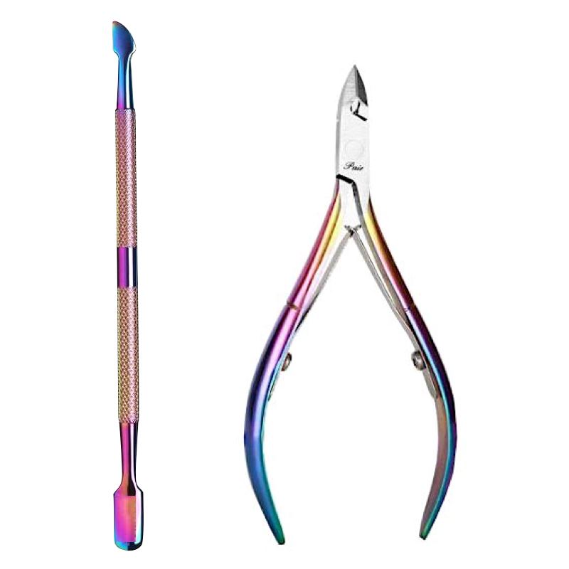 Rainbow Nail Nipper & Cuticle Pusher Set - Professional Stainless Steel Manicure Tools for Home & Salon Use - Perfect for Nail Care, Grooming, and DIY Manicures