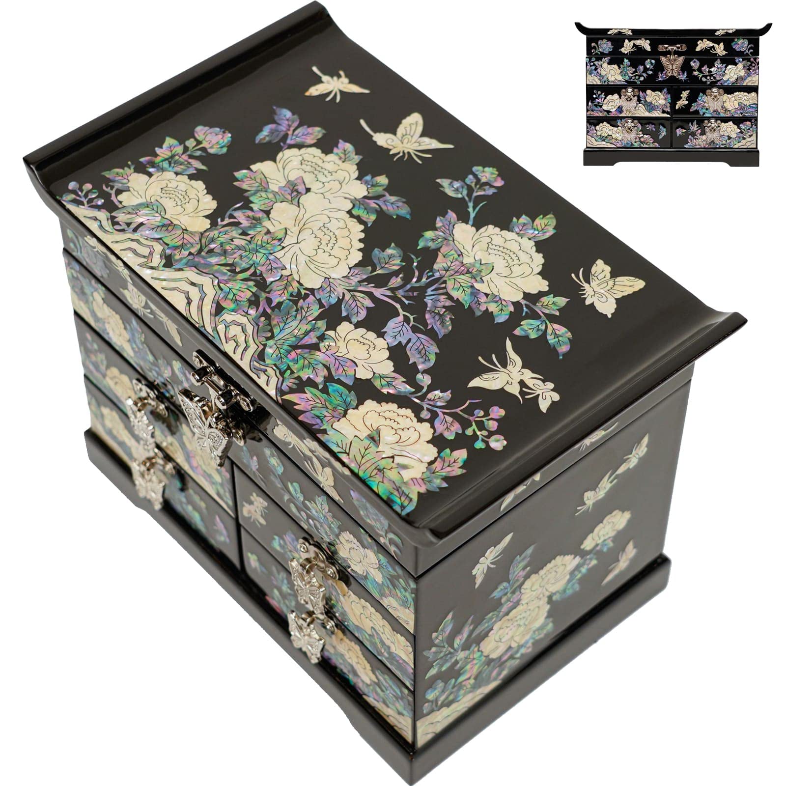 February Mountain Mother of Pearl Wooden Jewelry Organizer Box - Elegant Jewelry Storage for Women with Spacious Drawers | Perfect for Rings, Bracelets, Watches, Necklaces & Accessories | Stylish Black Jewelry Box for Bedroom Vanity, Dresser or Travel