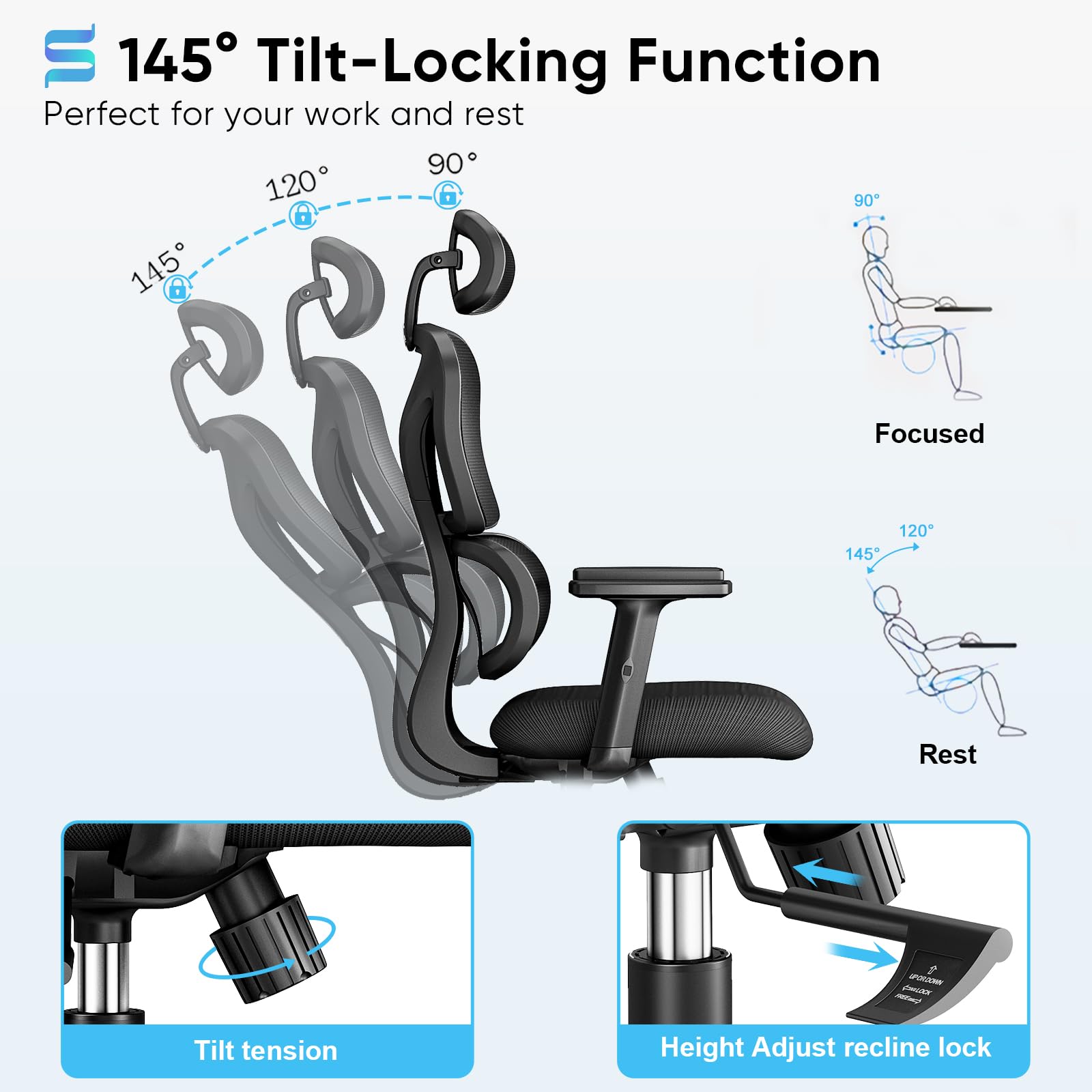 Sytas Ergonomic Office Chair - High Back Mesh Computer Chair with Adjustable Lumbar Support & Headrest - Executive Swivel Desk Chair for Home Office - Tilt Function - Black - Perfect for Long Work Hours & Gaming Sessions