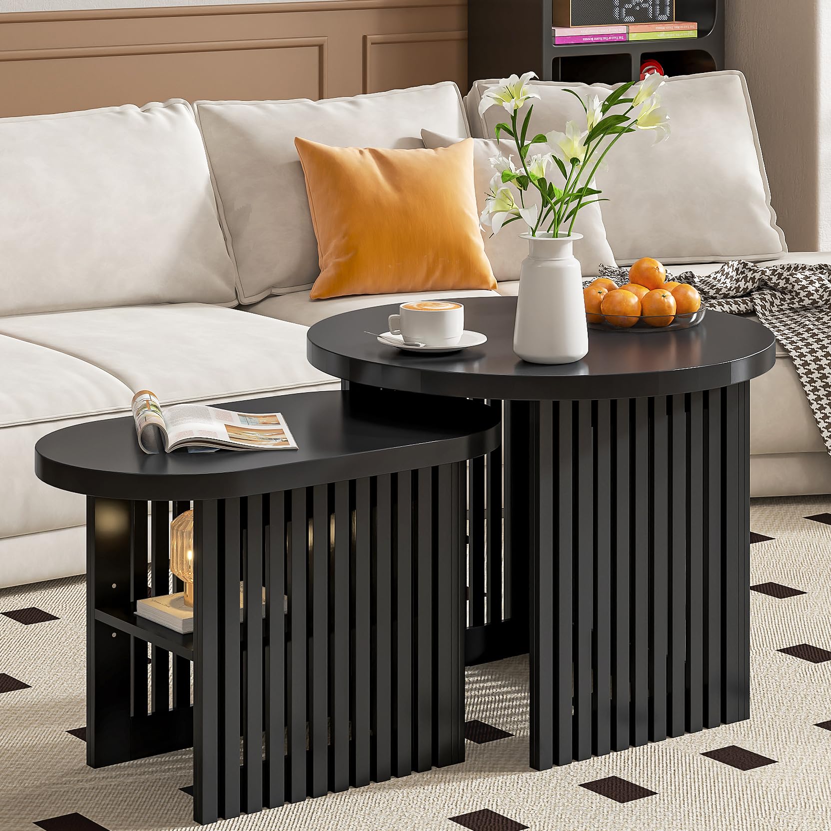 Modern Round Nesting Coffee Table Set of 2 - Fluted Panel Design with Storage Shelf - Living Room Side Tables for Small Spaces (Black) - Perfect for Coffee, Books & Decor in Apartments and Condos