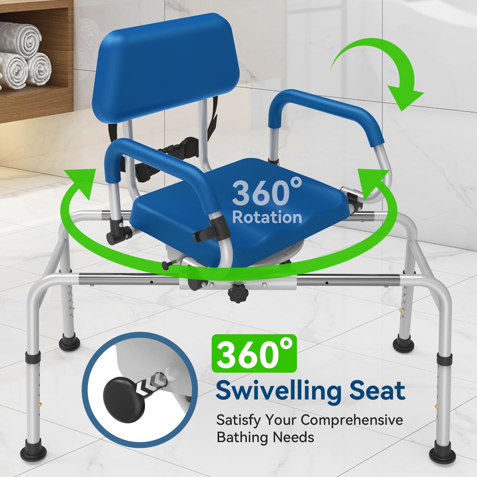 FSA/HSA Eligible Adjustable Shower Chair with Swivel Seat & Pivoting Arms - Sliding Transfer Bench for Bathtub - 350 lb Weight Capacity - Padded Shower Seat - Ideal for Elderly & Disabled Bathroom Safety - Blue