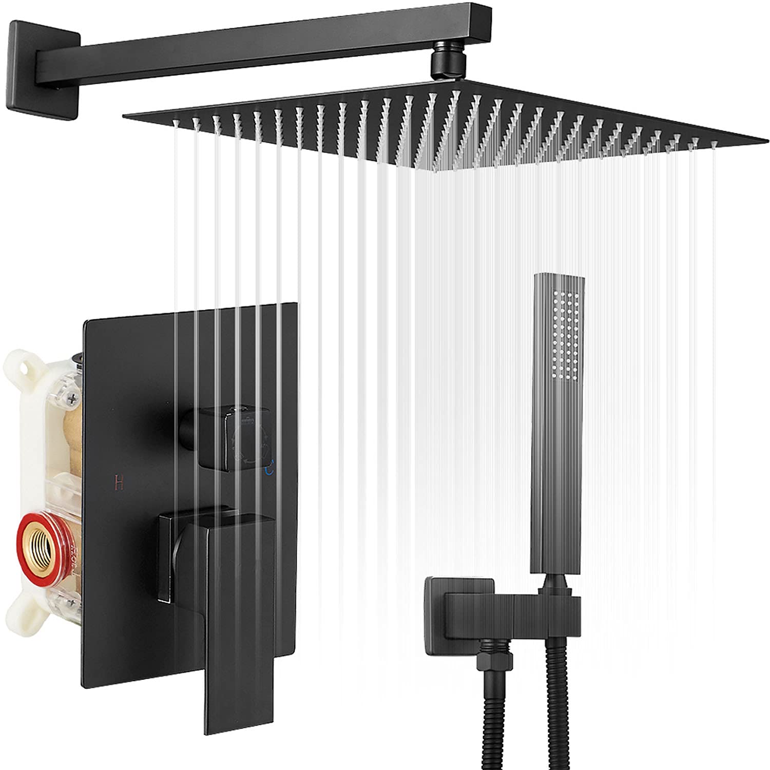 Bathfinesse 12 Inch Square Rainfall Shower System - Black High Pressure Shower Head with Handheld Spray, Rough-in Valve & Trim Kit - Complete Bathroom Faucet Set for Spa-Like Relaxation