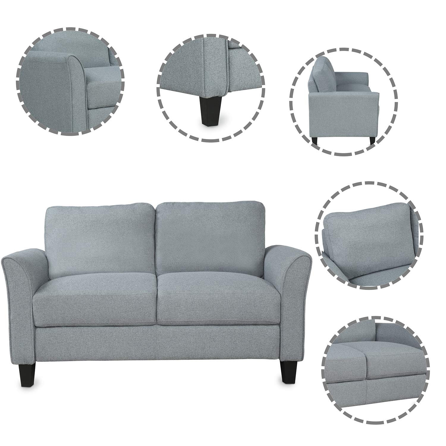 Rockjame Upholstered Fabric Sofa with Sturdy Hardwood Frame - Comfortable Living Room Couch for Bedroom, Office, Apartment & Dorm | Perfect for Small Spaces & Studio Apartments (Gray)