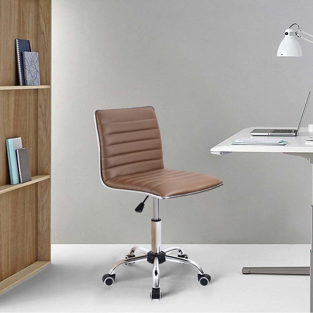 Furmax Mid Back Task Chair - Ergonomic Leather Swivel Office Chair with Ribbed Design, Armless Retro Computer Desk Chair for Home & Office (Brown) - Perfect for Workspaces, Makeup Vanity & Gaming Setups