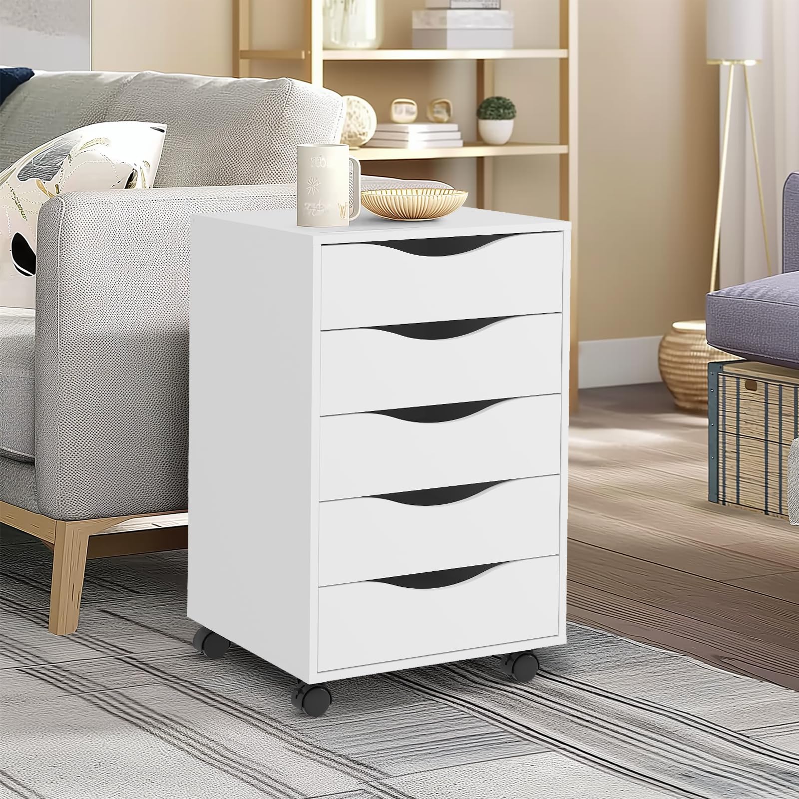 QDSSDECO 5-Drawer Wooden File Cabinet with Wheels - Rolling Storage Dresser for Home Office Organization, White - Perfect for Document Storage & Office Furniture Needs