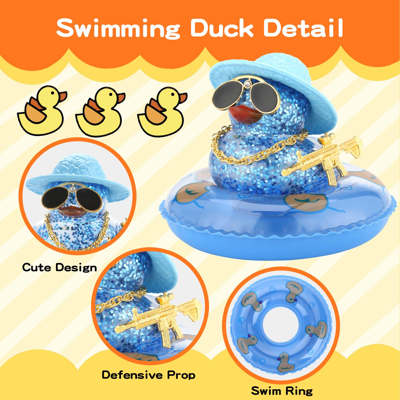 Funny Rubber Duck Car Dashboard Decor - Cute Duck with Swimming Ring, Necklace & Sunglasses - Car Accessories for Party Favors & Gifts - Perfect for Dashboard Decoration, Office Desk Toys, and Themed Party Supplies