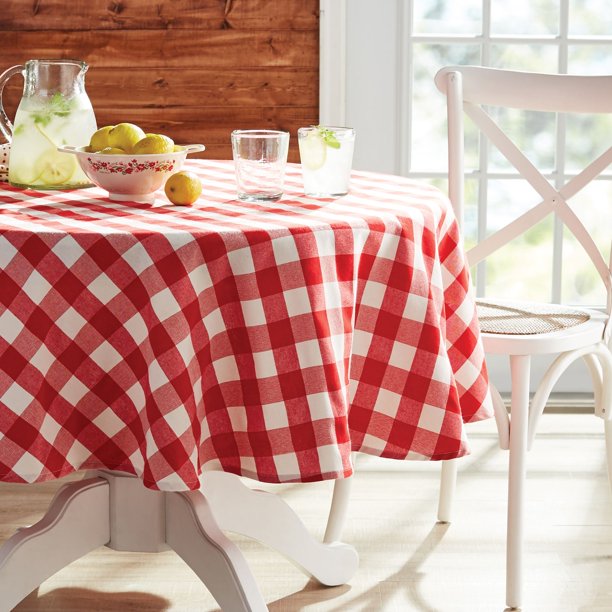Pioneer Woman 70 Inch Round Tablecloth - Charming Check Design for Dining Room, Kitchen, Party & Outdoor Decor