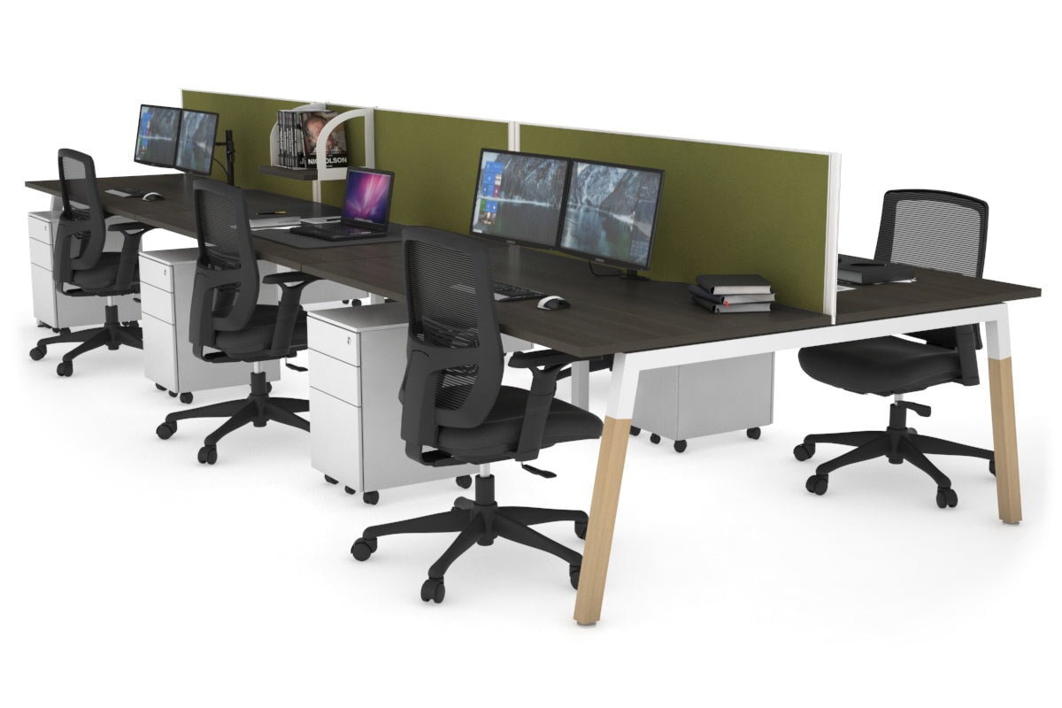 6-Person Quadro A Legs Office Workstation with Wood Legs & Cross Beam - 1600L x 800W with Cable Scallop - Perfect for Open Office Layouts & Collaborative Workspaces