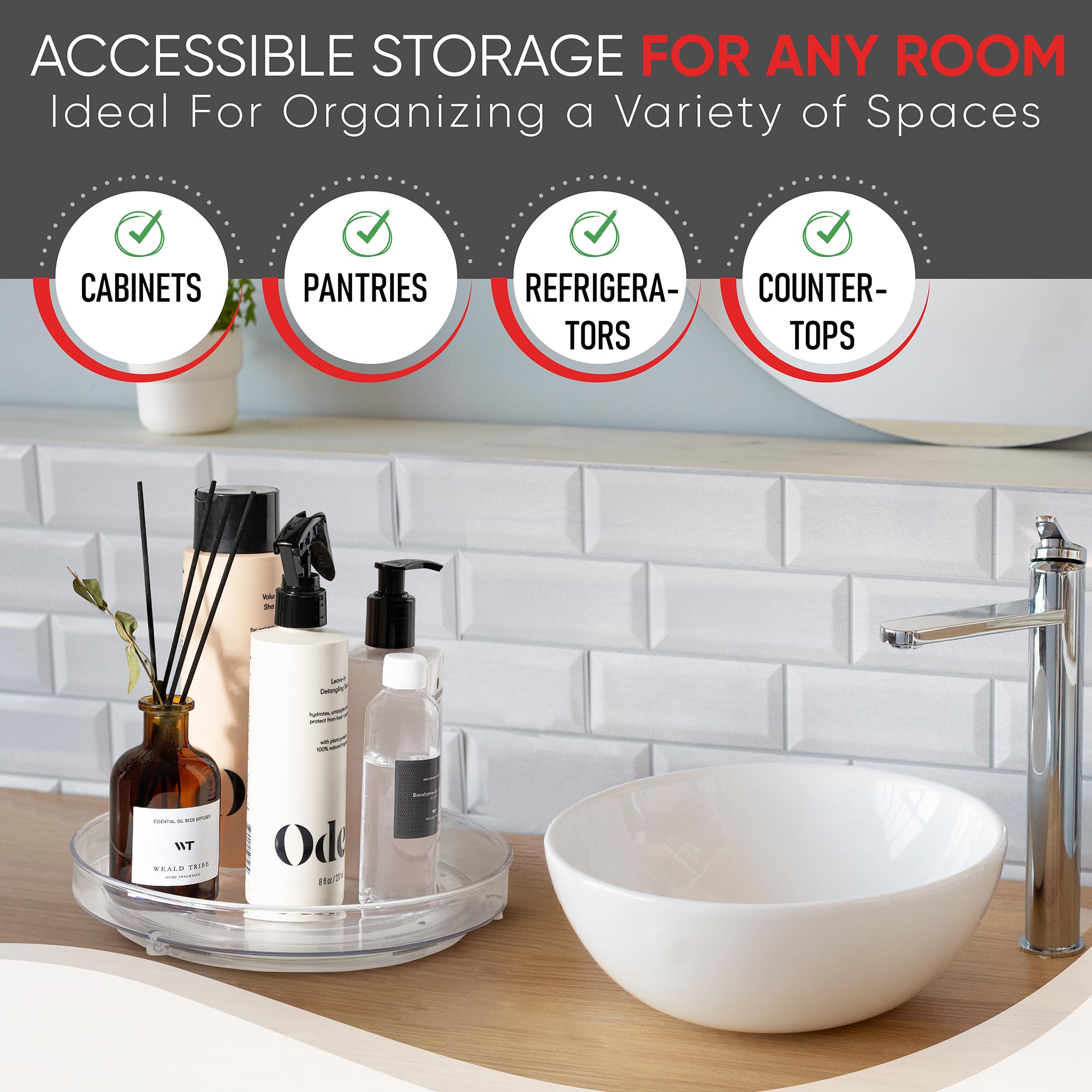 Oizeir Clear Lazy Susan Turntable Organizer - Pack of 4 (9 Inch) Acrylic Rotating Storage for Cabinet, Pantry, Fridge, Bathroom & Vanity | Perfect for Spice Rack, Makeup Organizer & Kitchen Countertop Storage
