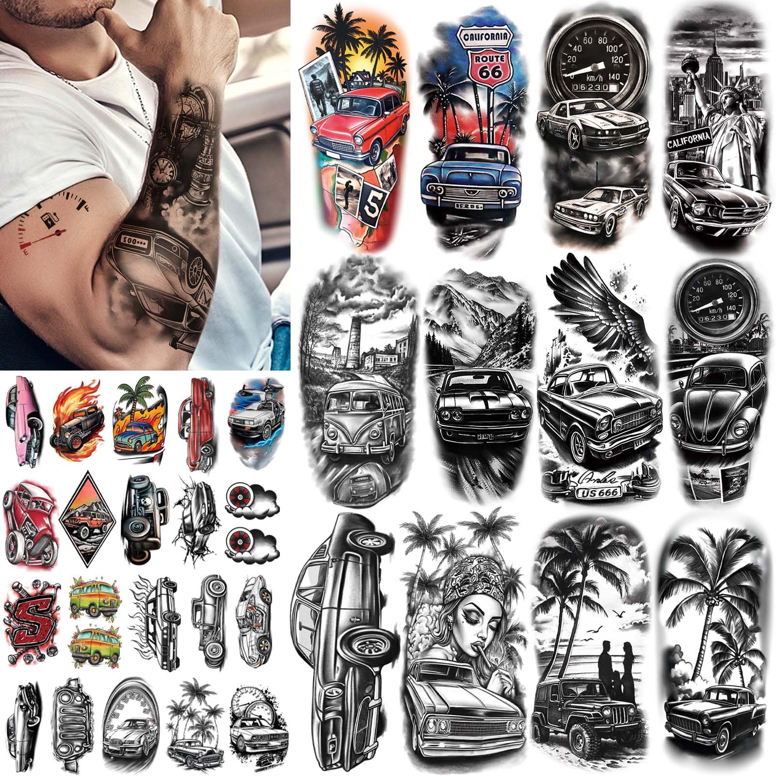 77 Sheets Realistic Car Temporary Tattoos for Adults & Kids - Waterproof Fake Tattoo Stickers (17 Half Arm Race Car + 60 Black Holiday Truck Designs) - Perfect for Parties, Halloween, Cosplay & Car Enthusiasts