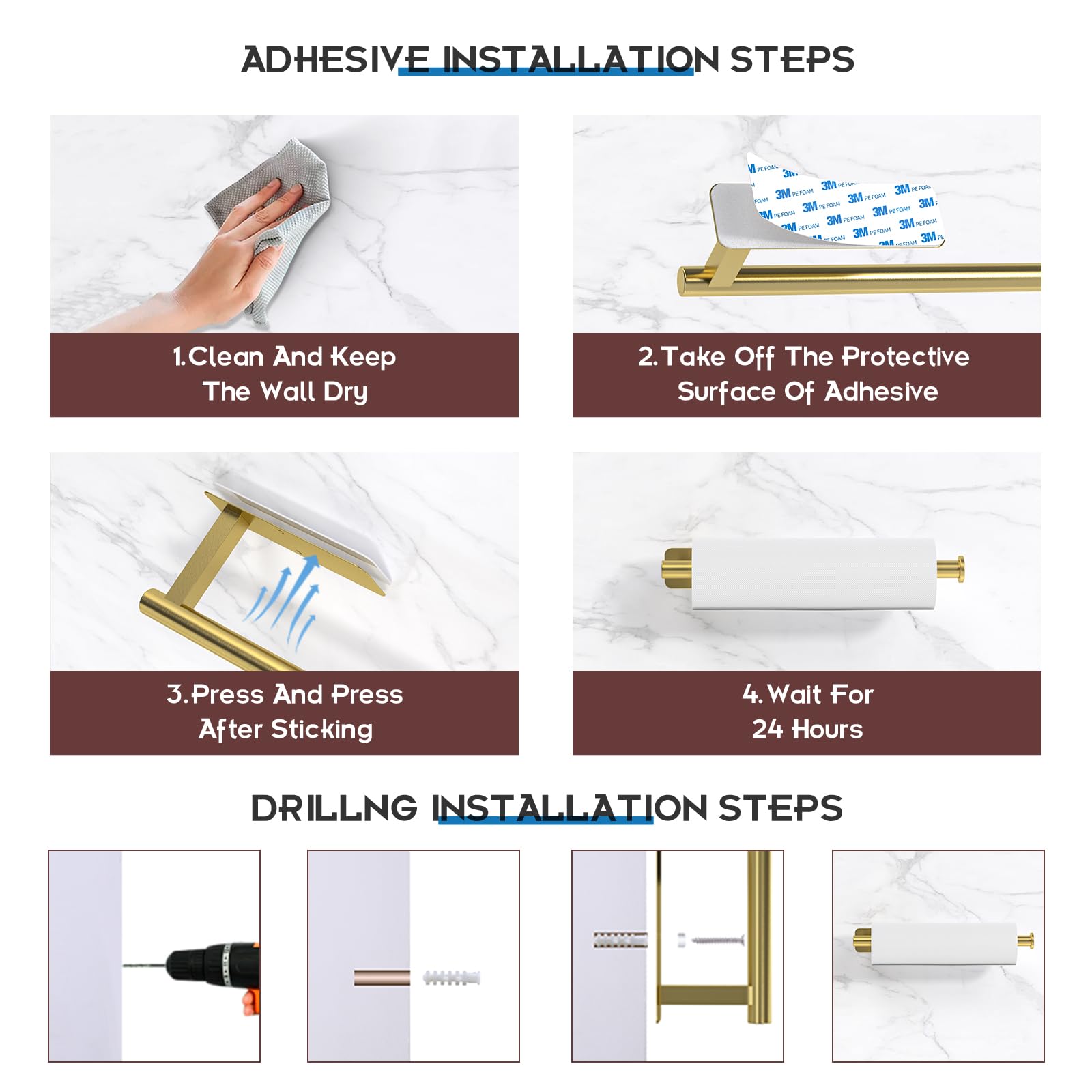 ASTOFLI Gold Wall Mount Paper Towel Holder - Heavy Duty Under Cabinet Kitchen Organizer with Strong Self-Adhesive, Perfect for Kitchen, Bathroom, Office & RV Use