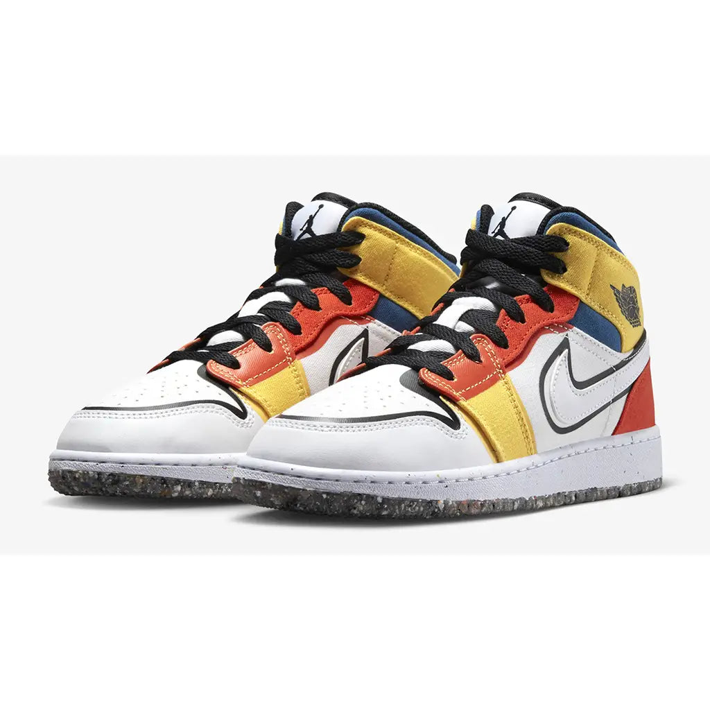 Nike Kids Air Jordan 1 Mid Basketball Shoes - White/Black/Red/Yellow/Blue - High Top Sneakers for Boys & Girls - Perfect for School, Sports & Casual Wear