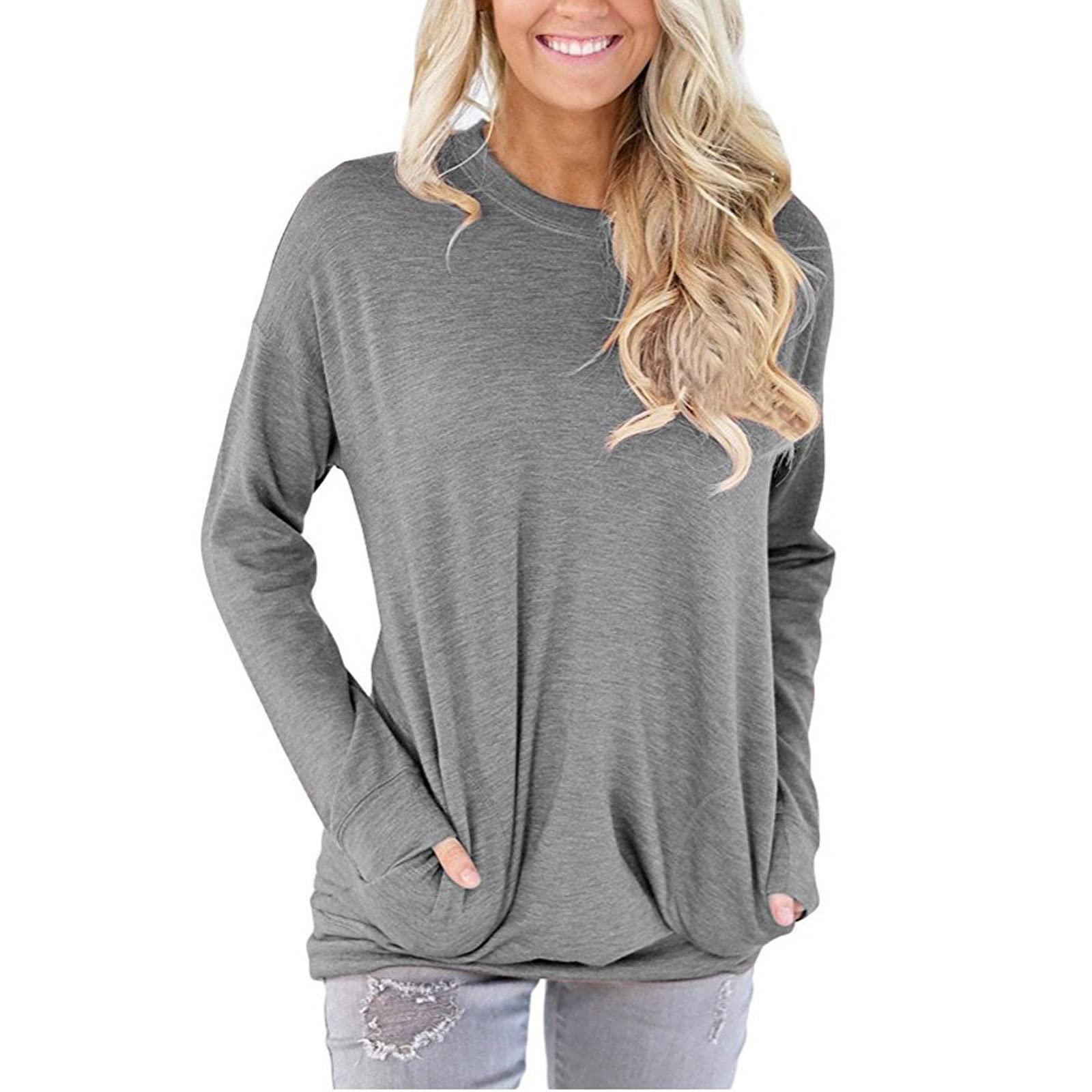 Trendy Women's Crewneck Long Sleeve T-Shirt - 2022 Fashion Summer Solid Pocket Loose Blouse - Casual Wear, Work Outfits & Everyday Comfort