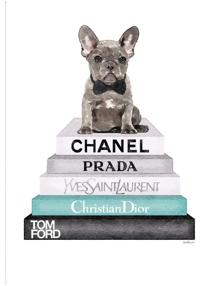 Teal Frenchie Bookstack Canvas Wall Art - Handmade Fine Art Painting by Amanda Greenwood - 35x46 Inch Ready to Hang Wall Decor for Living Room, Bedroom, Office - Perfect for Home, Library & Coffee Shop Decor