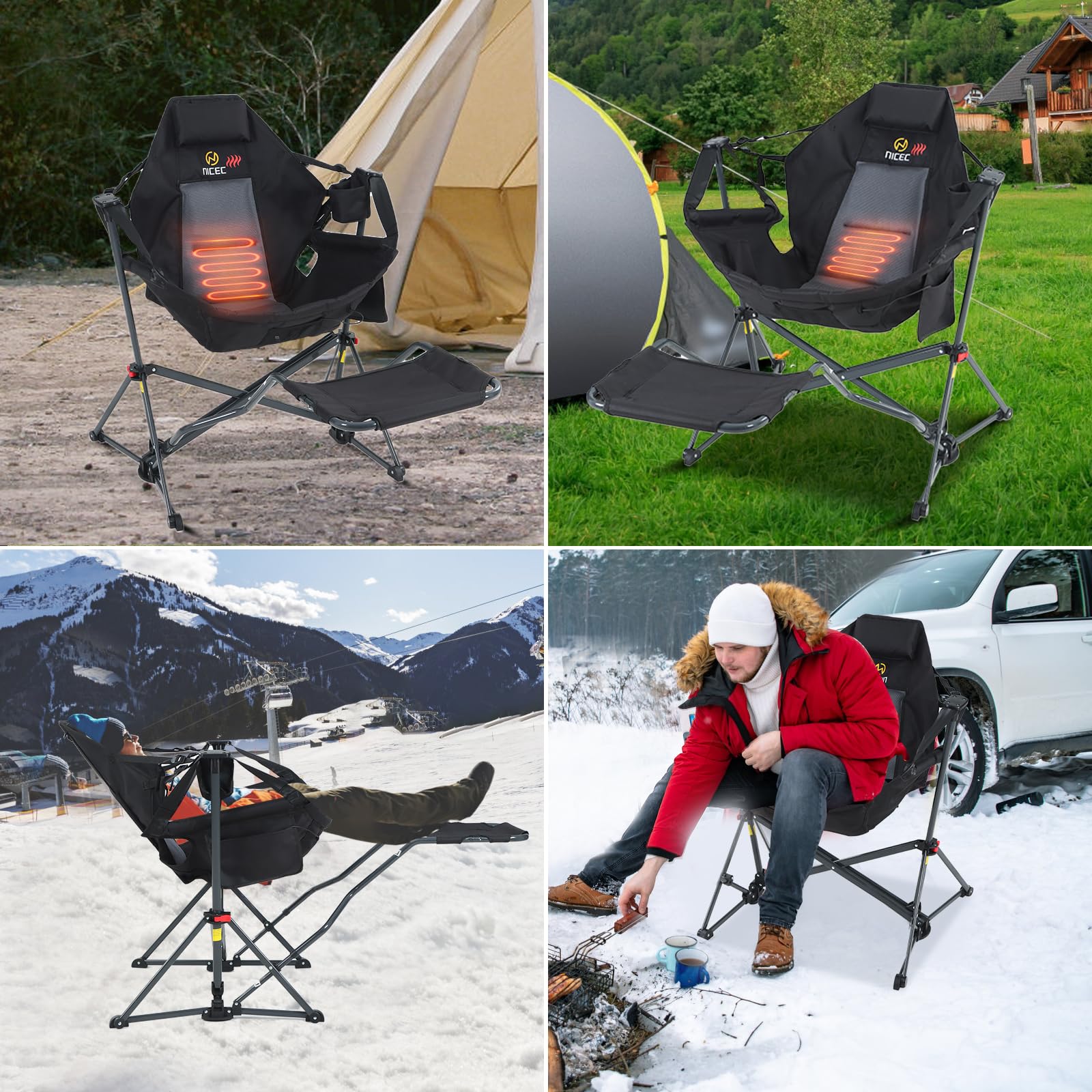 Premium 2-Person Hammock Camping Chair with Footrest & Heating - Portable Swinging Rocker Chair with High Back, Stand, Cup Holder, Side Pockets & Included Power Bank - Perfect for Backyard Relaxation, Beach Lounging & Outdoor Adventures