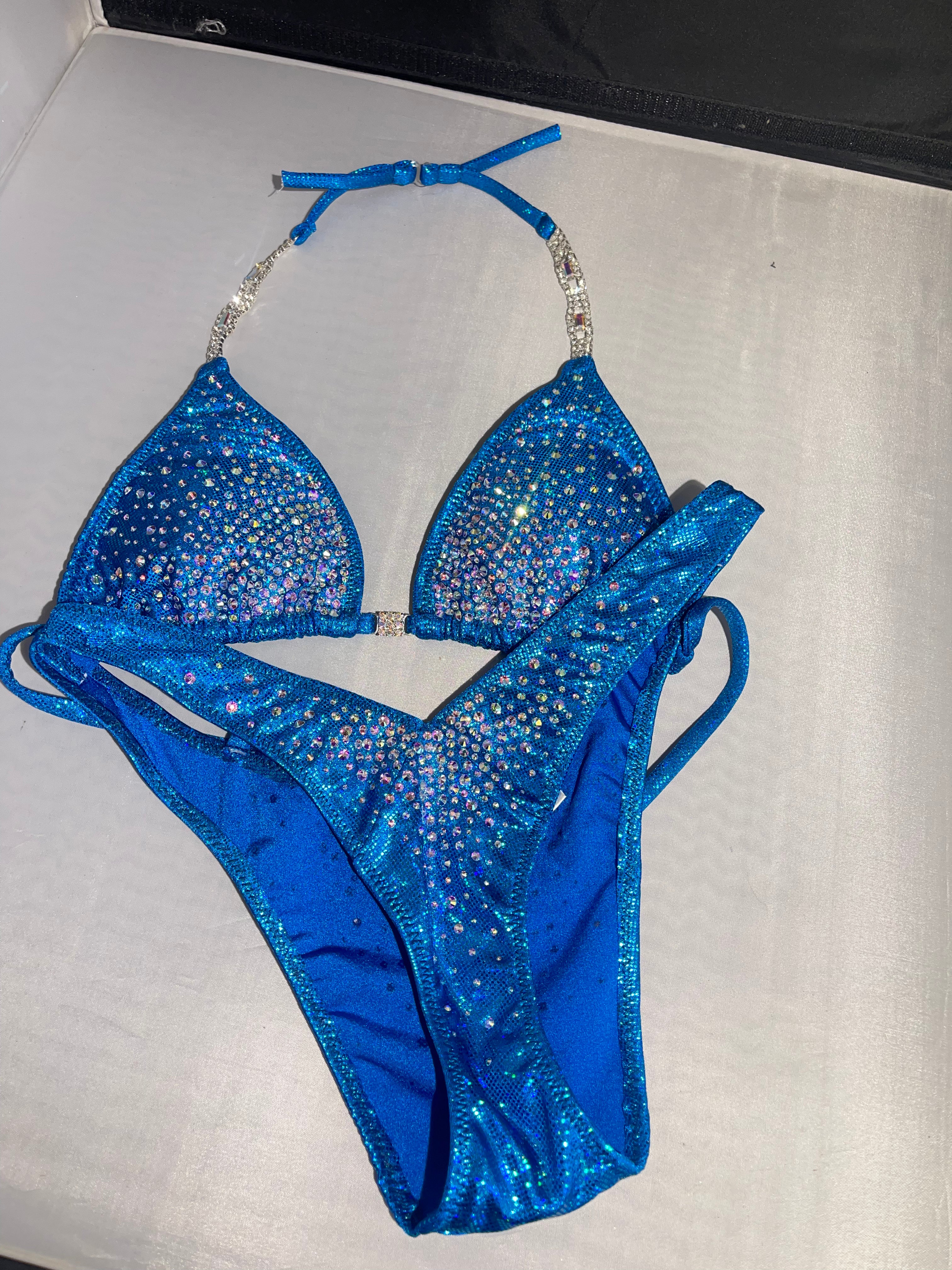 Stunning Turquoise Shattered Glass AB Rhinestone Burst Figure Physique Bodybuilding Posing Suit - Competition, Stage Performance, Fitness Shows
