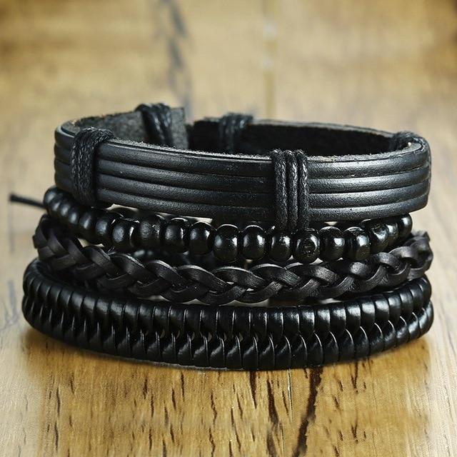 4 Pcs Genuine Leather Bracelet Set for Men & Women - Stylish & Adjustable Wristbands for Casual Wear, Gifts & Everyday Fashion Accessories
