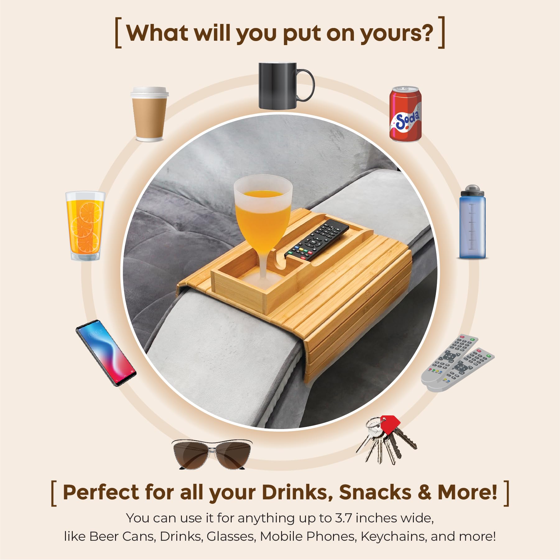 Foldable Bamboo Sofa Armrest Tray with Cup Holder - Anti-Slip Couch Arm Table for Drinks, Phone, Remote & Snacks - Secure Edge Design, Sturdy & Easy to Clean - Perfect for Living Room, Bedroom or Office Use