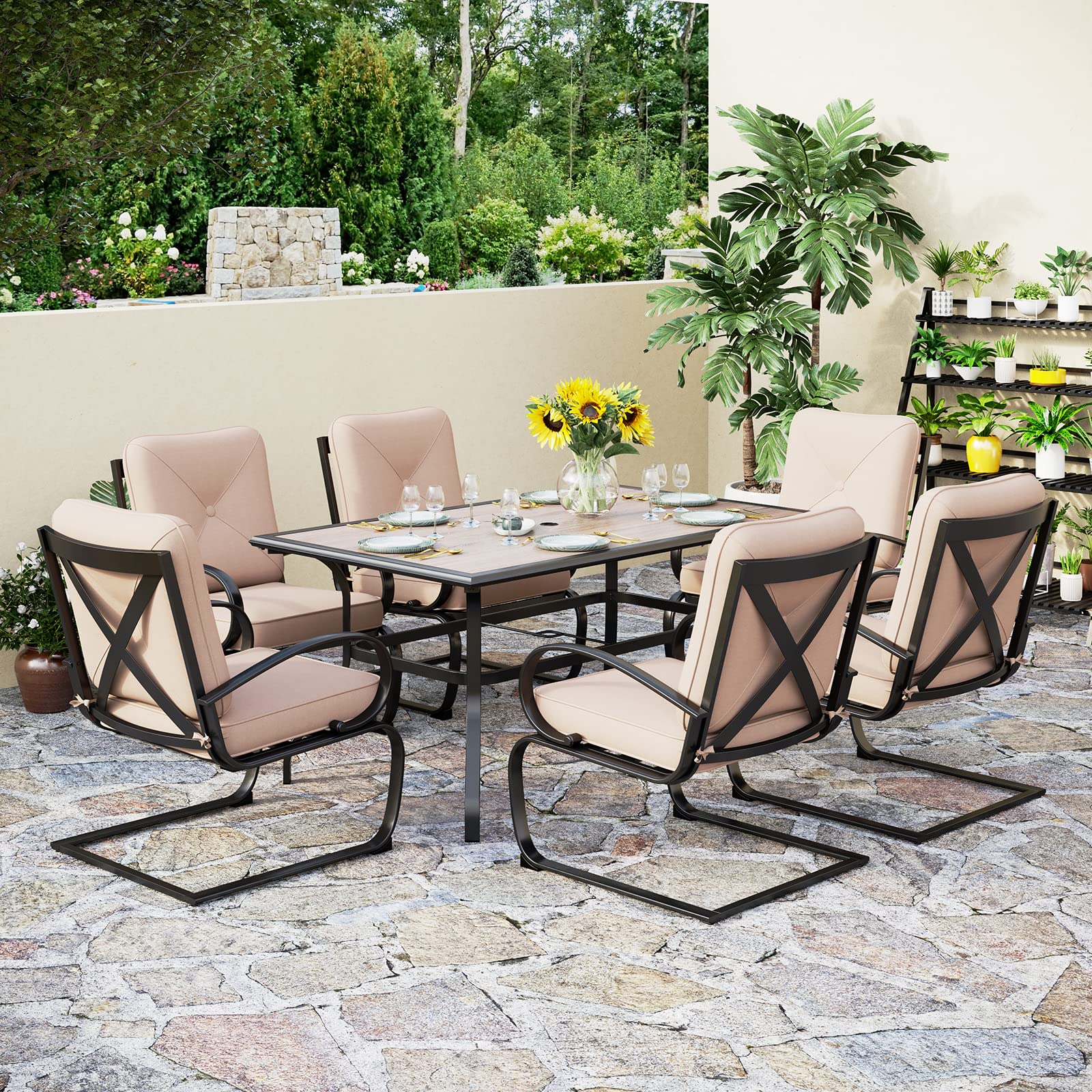 PHI VILLA 7-Piece Outdoor Patio Dining Set with 6 Spring Motion Chairs & 1 Large Rectangular Table - Beige Garden Furniture for Lawn, Backyard, Poolside & BBQ Parties