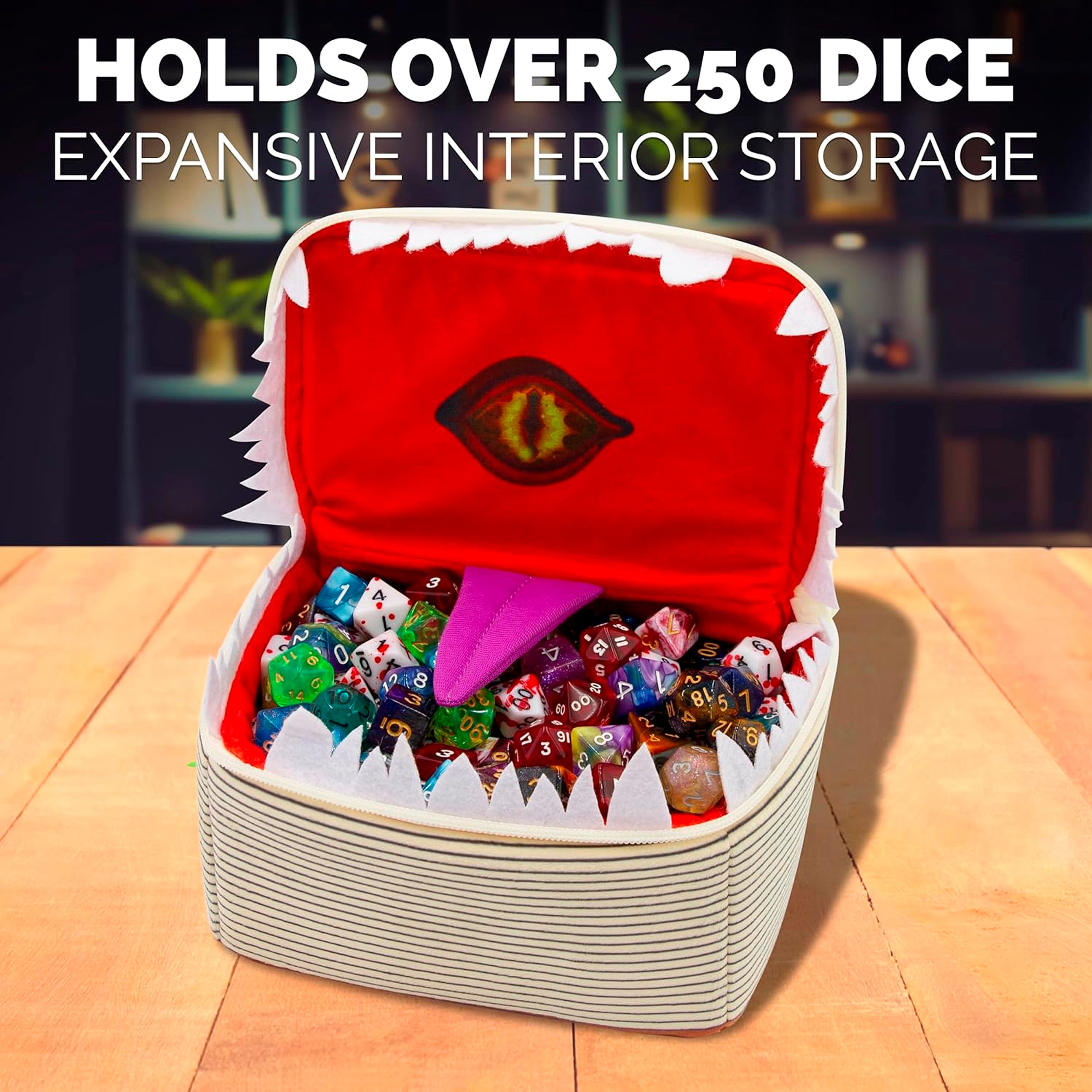 CASEMATIX Mimic Tome Dice Chest - Premium Dice Storage Case with 7 RPG Dice Sets, Plush Zipper Dice Bag & Carabiner - Holds 250 D&D Tabletop Dice - Perfect for Dungeons & Dragons, Pathfinder & TTRPG Game Nights
