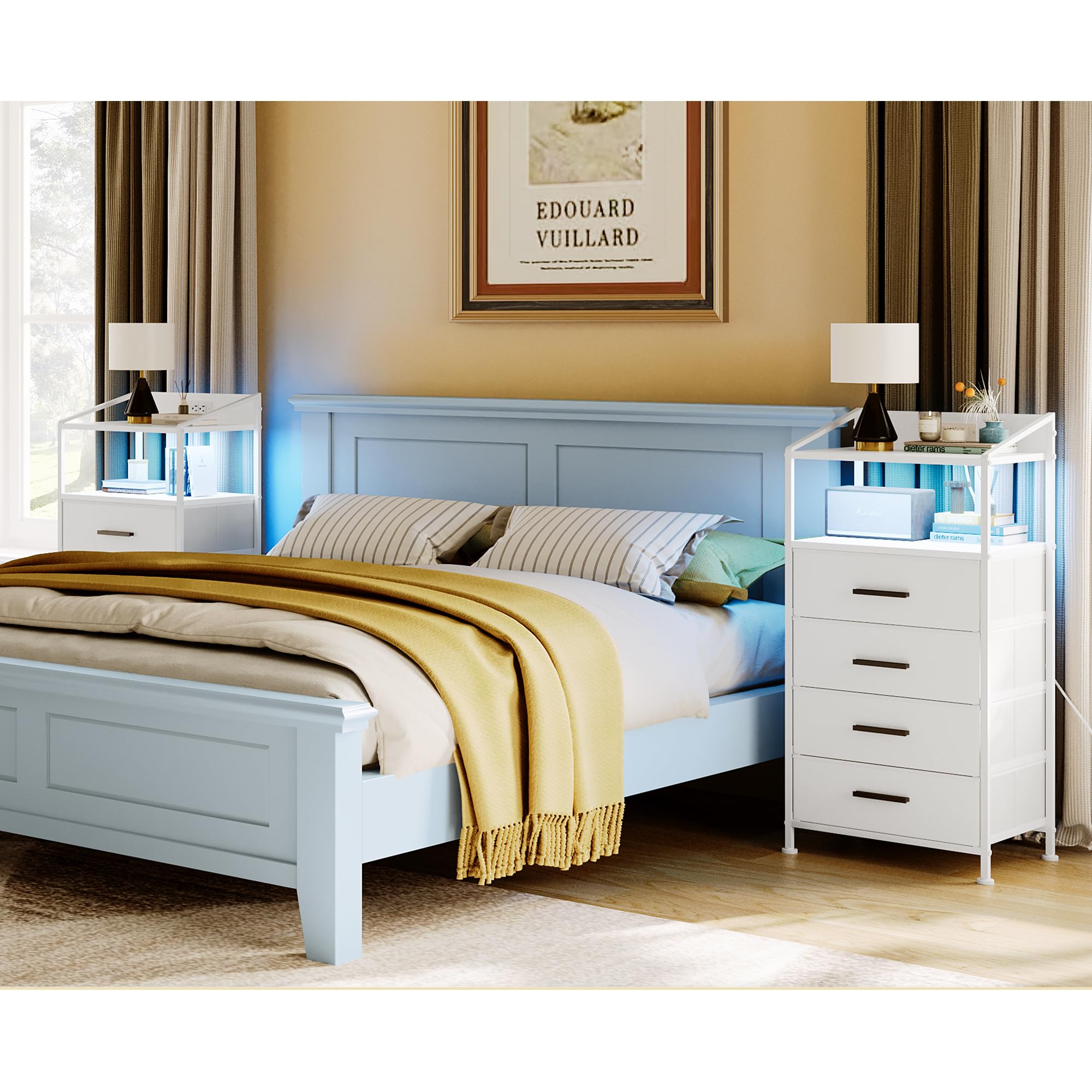 4-Drawer LED Nightstand with USB Charging Station & Fabric Drawers - White Vertical Dresser with Open Shelf for Bedroom, Hallway & Entryway - Perfect for Small Spaces, Apartment Living & Modern Home Decor