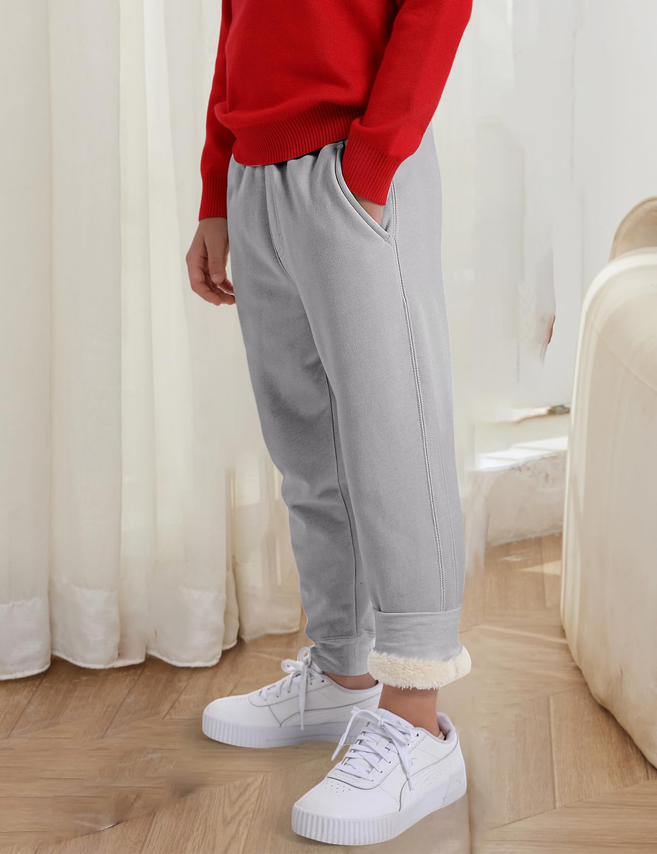 Gihuo Unisex Boys Girls Winter Warm Sherpa Lined Sweatpants Joggers - Cozy Fleece-Lined Pants for Cold Weather, Outdoor Activities & Lounge Wear