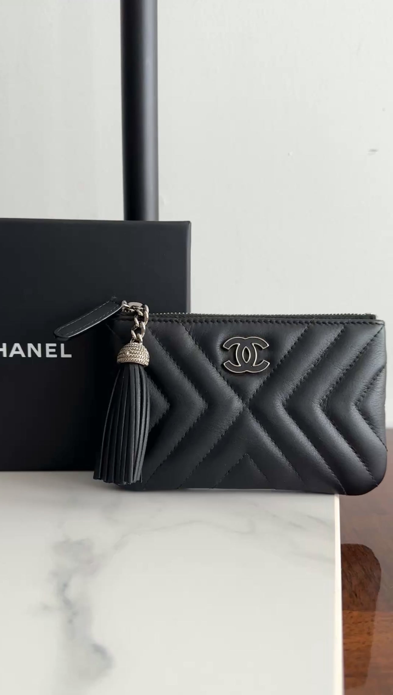 Chanel Black Leather Chevron Tassel Mini Zip Pouch - Luxury Crossbody Bag for Women, Perfect for Parties, Date Nights & Travel Accessories