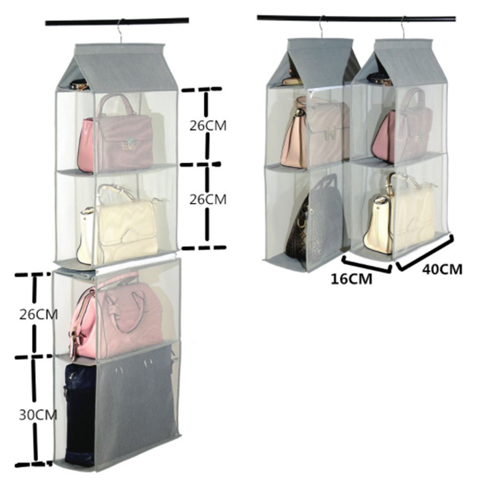 Detachable 4 Compartment Hanging Organizer Pouch - Clear Handbag & Purse Storage Holder for Wardrobe, Closet - Space Saving Organizer System for Bedroom, Living Room & Home Use (Beige) | Perfect for Travel, Office & Daily Organization