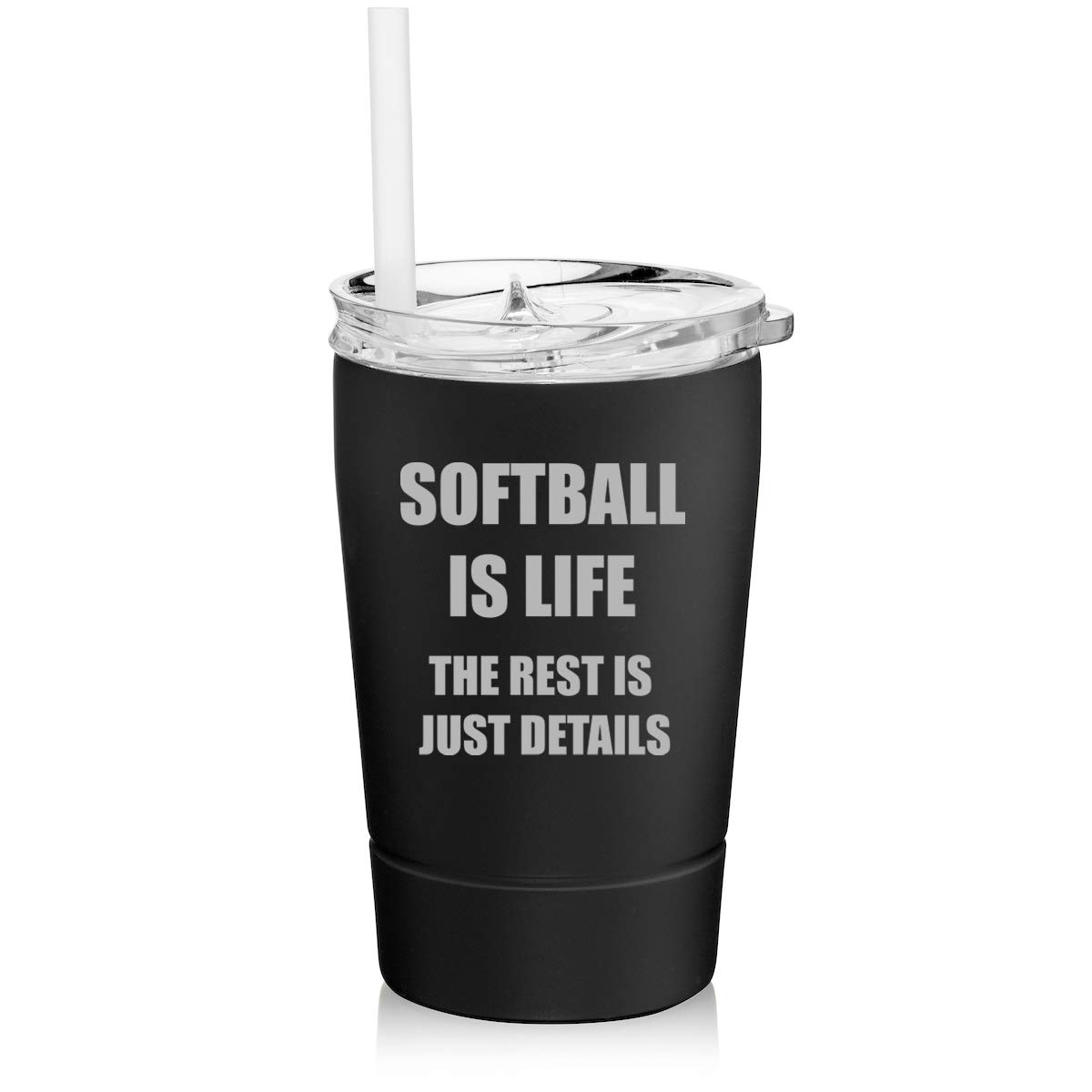 12 oz Stainless Steel Vacuum Insulated Tumbler with Straw - Double Wall Insulated Coffee Travel Mug for Hot & Cold Drinks - Softball Is Life Design (Black) - Perfect for Office, Gym, Camping & Outdoor Activities