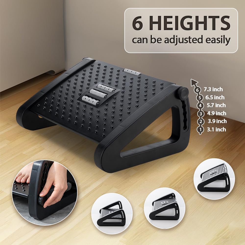 Adjustable Under Desk Foot Rest with Massage Roller - 6 Height Ergonomic Office Foot Stool for Leg Support & Comfort at Work, Home or Gaming Setup