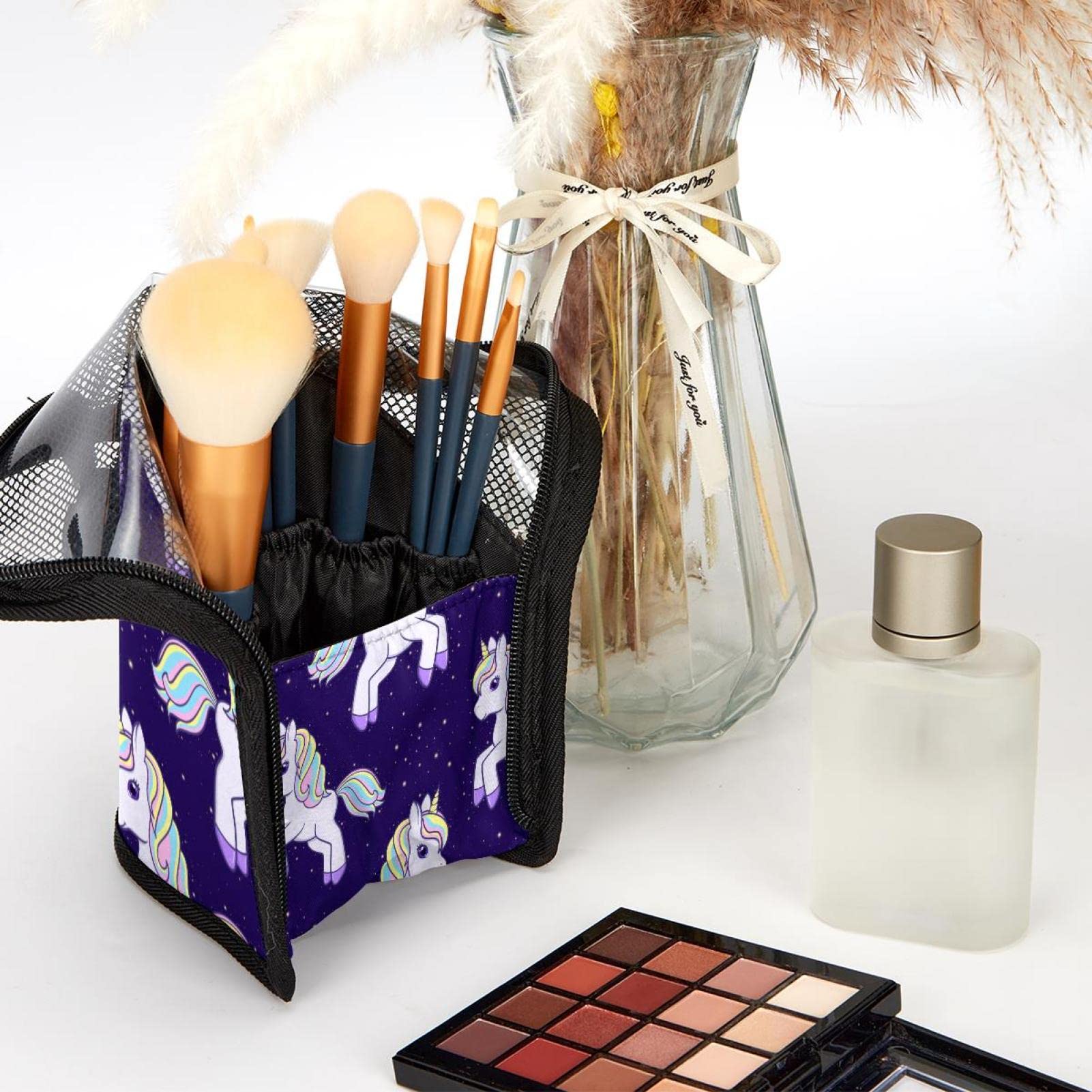 12-Piece Makeup Brush Organizer Bag with Cartoon Unicorn Design - Portable Purple Makeup Brush Holder Case for Travel & Home Storage | Perfect Cosmetic Organizer for Makeup Artists & Beauty Enthusiasts