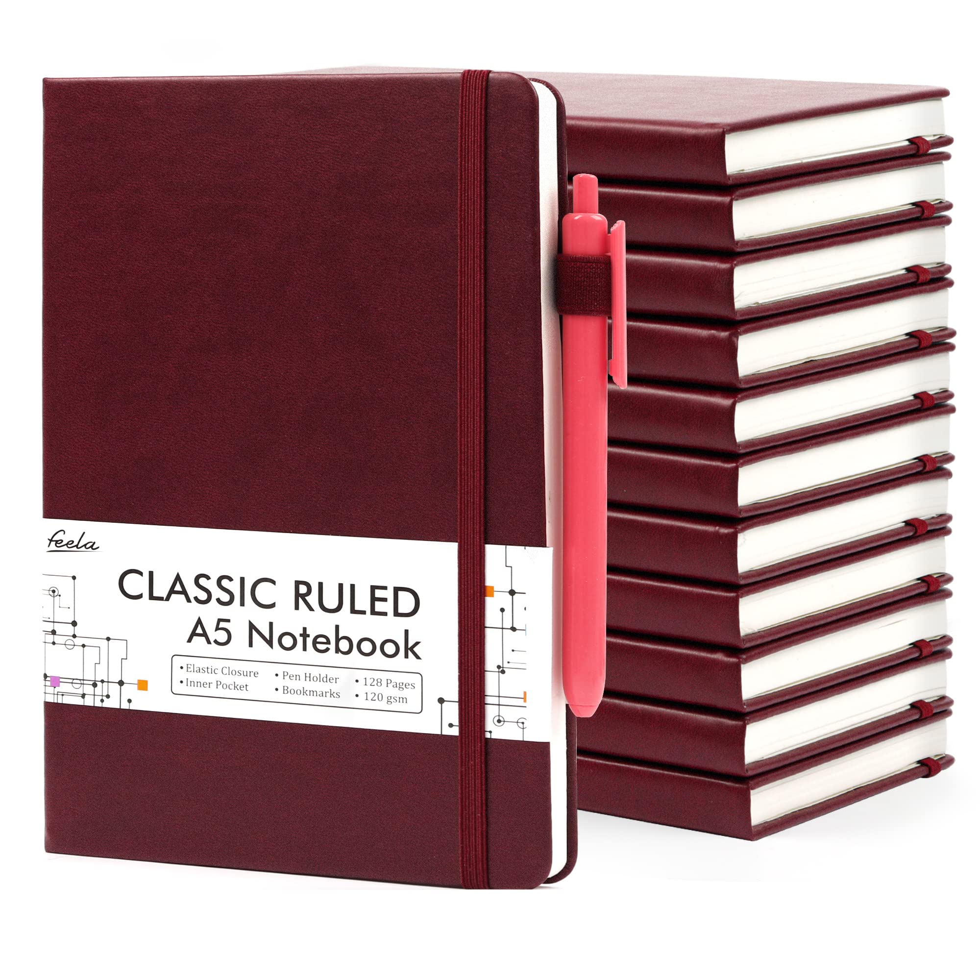 12-Pack A5 Hardcover Notebook Journals with 12 Black Pens - 120 GSM Ruled Paper, 5.1