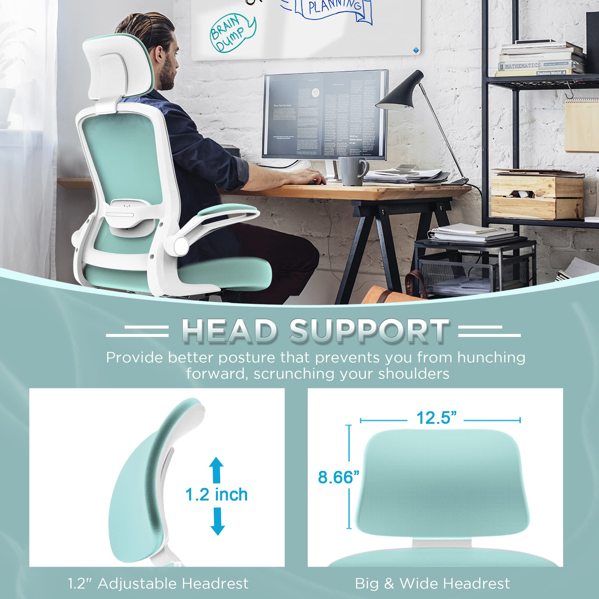 Ergonomic Office Chair with Adjustable Lumbar Support & Headrest - High Back Computer Desk Chair for Home Office, Flip-Up Armrests for Guitar Playing, Comfortable Task Chair for Long Hours Working | Perfect for Home Office, Gaming & Music Practice