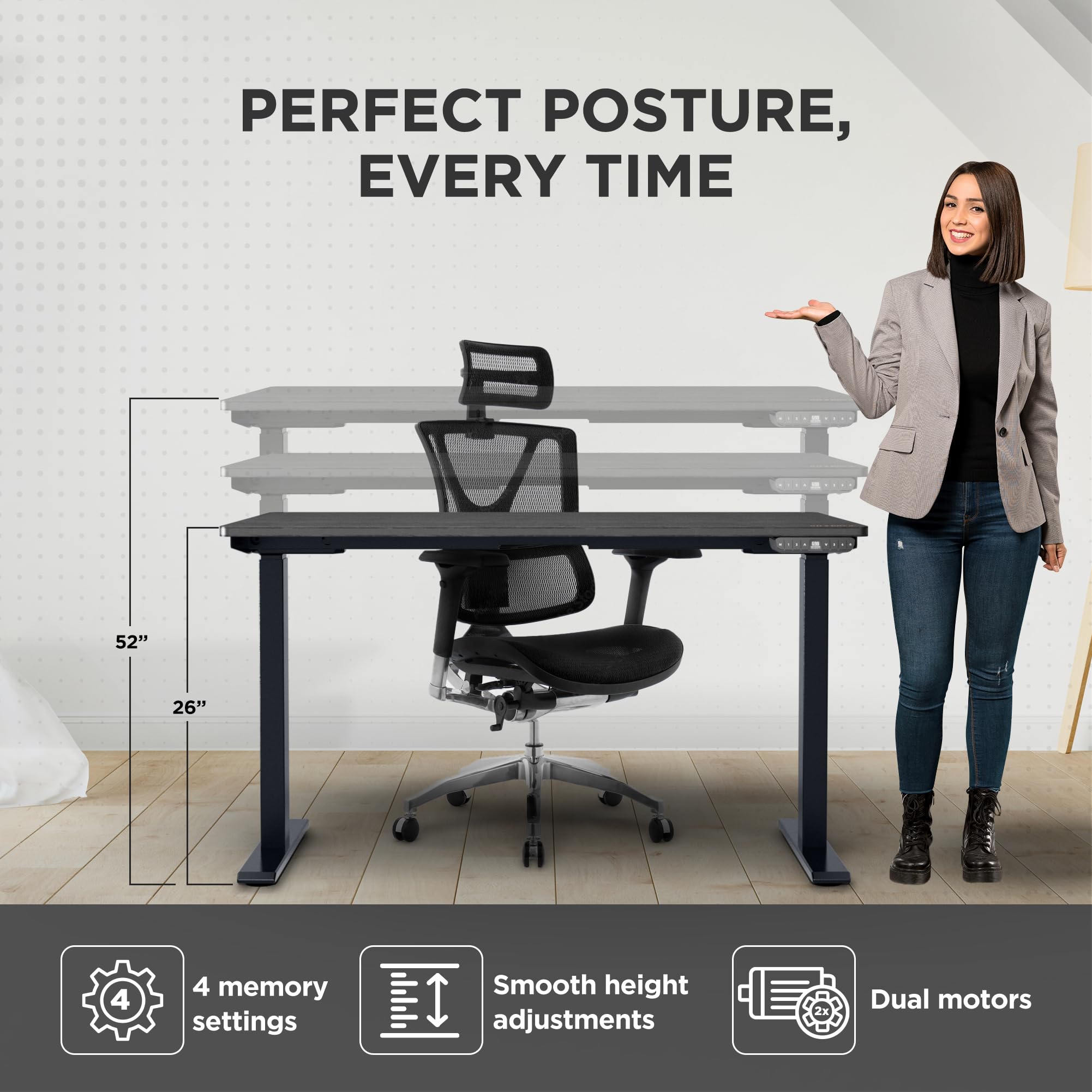 Electric Standing Desk Adjustable Height 24-49 Inches, Dual Motor Wooden Black Desk 48x30 Inches - Ergonomic Sit Stand Desk for Home Office, Gaming & Workspace (Black)