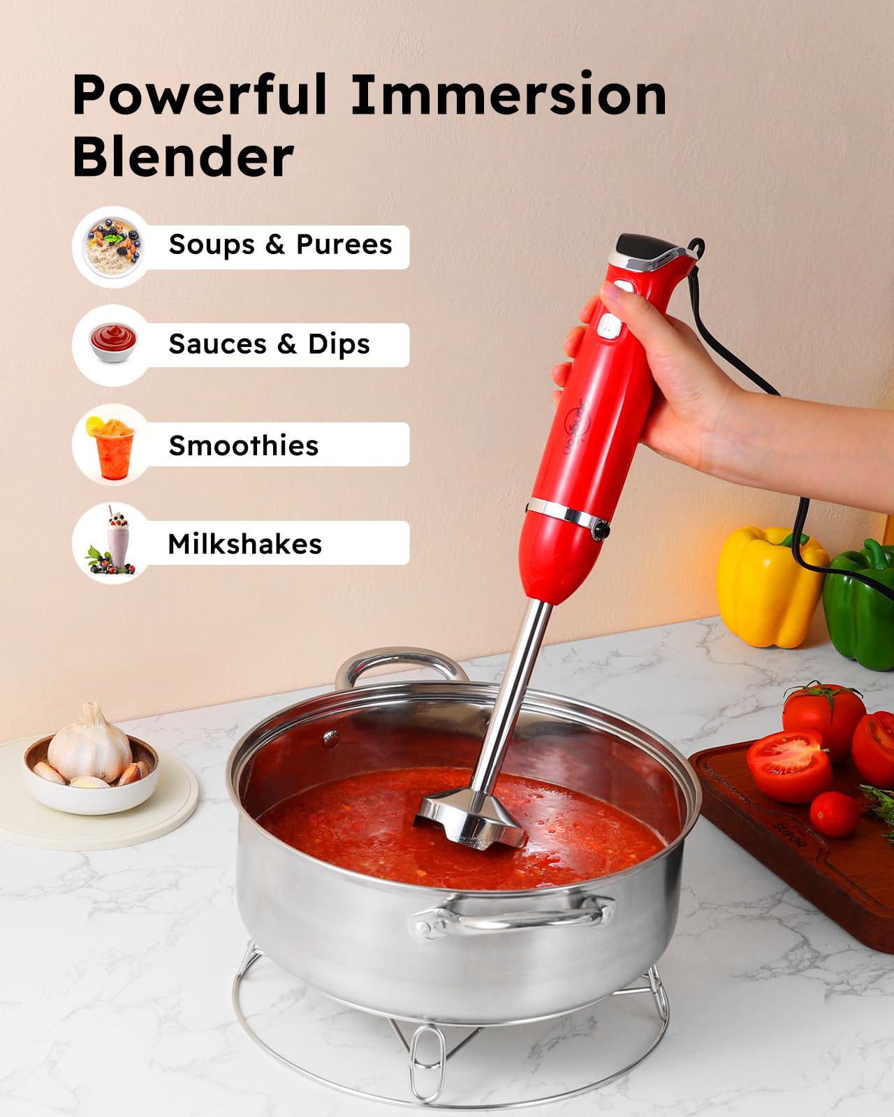 Sangcon 400W 3-in-1 Immersion Hand Blender with Stainless Steel Blade, Whisk & Milk Frother Attachments - Red | Perfect for Smoothies, Soups, Sauces & Whipping Cream at Home