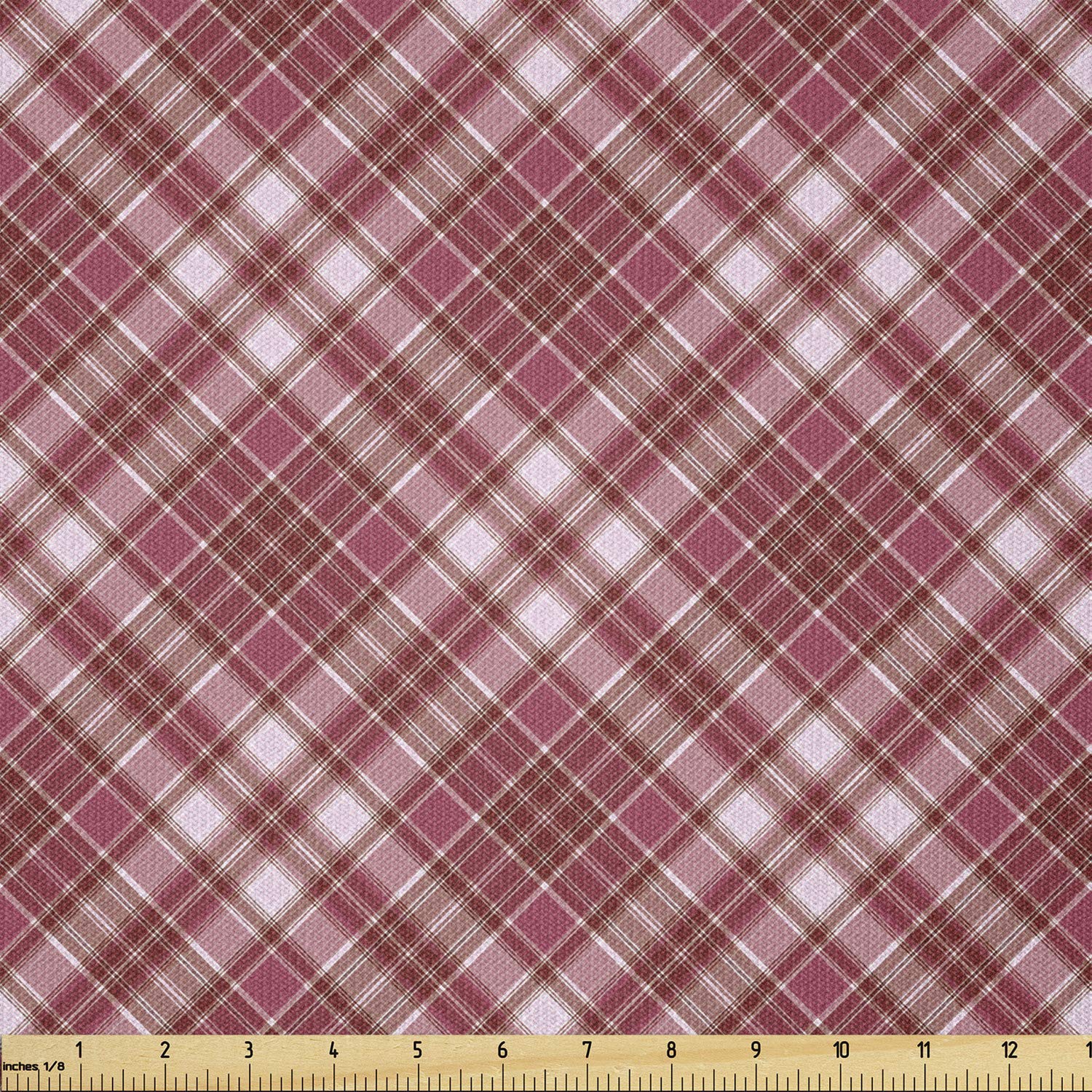 Ambesonne Stretch Knit Fabric by The Yard - Diagonal Checkered Pattern with Rose Tones for Clothing & Crafts | 10 Yards Dried Rose White | Perfect for DIY Dresses, Scarves & Home Decor Projects