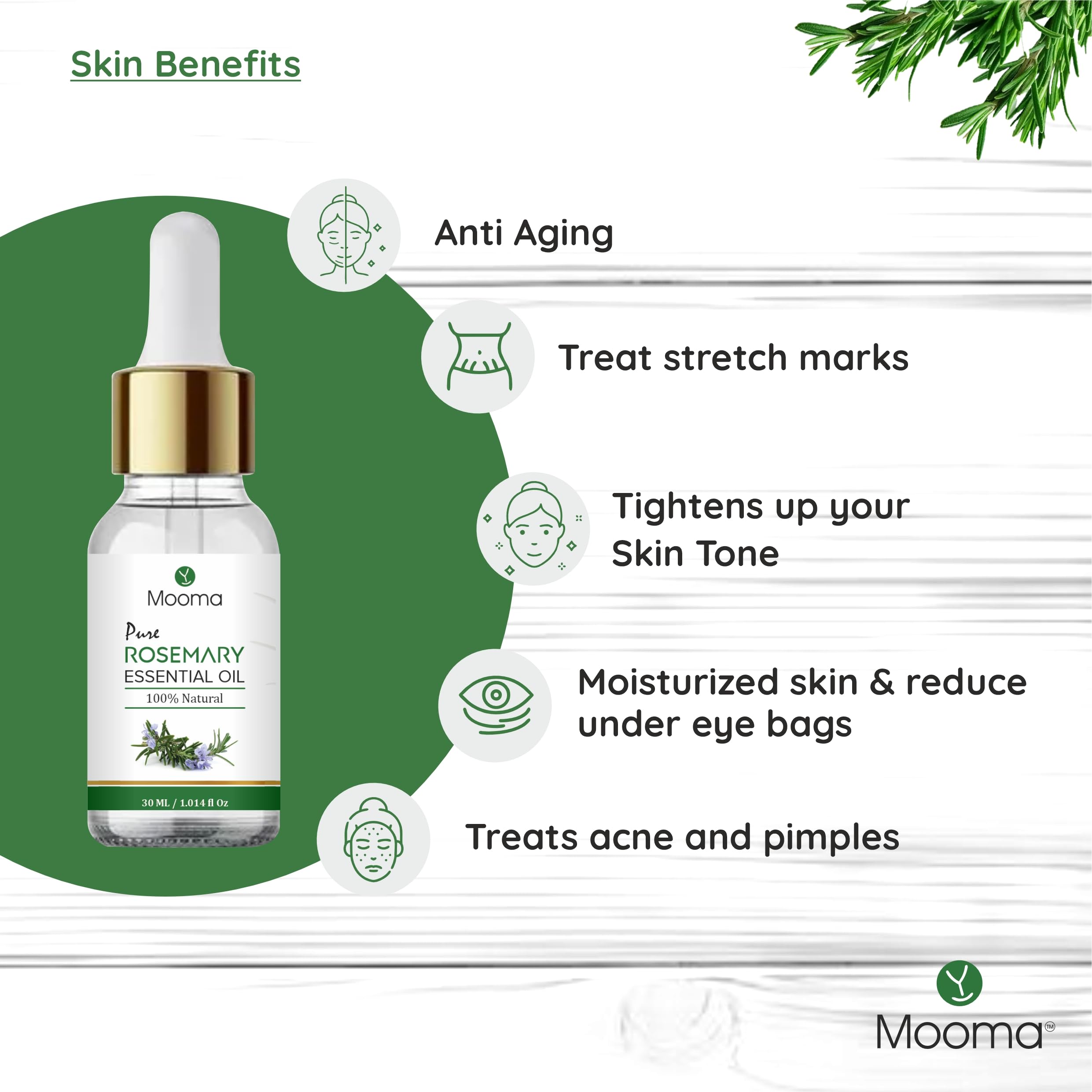 MOOMA Pure Rosemary Essential Oil for Hair Growth, Shine & Nourishment | Facial Treatment for Toned, Balanced & Rejuvenated Skin | 30ML | Perfect for Aromatherapy, DIY Hair Care & Skin Care Routines