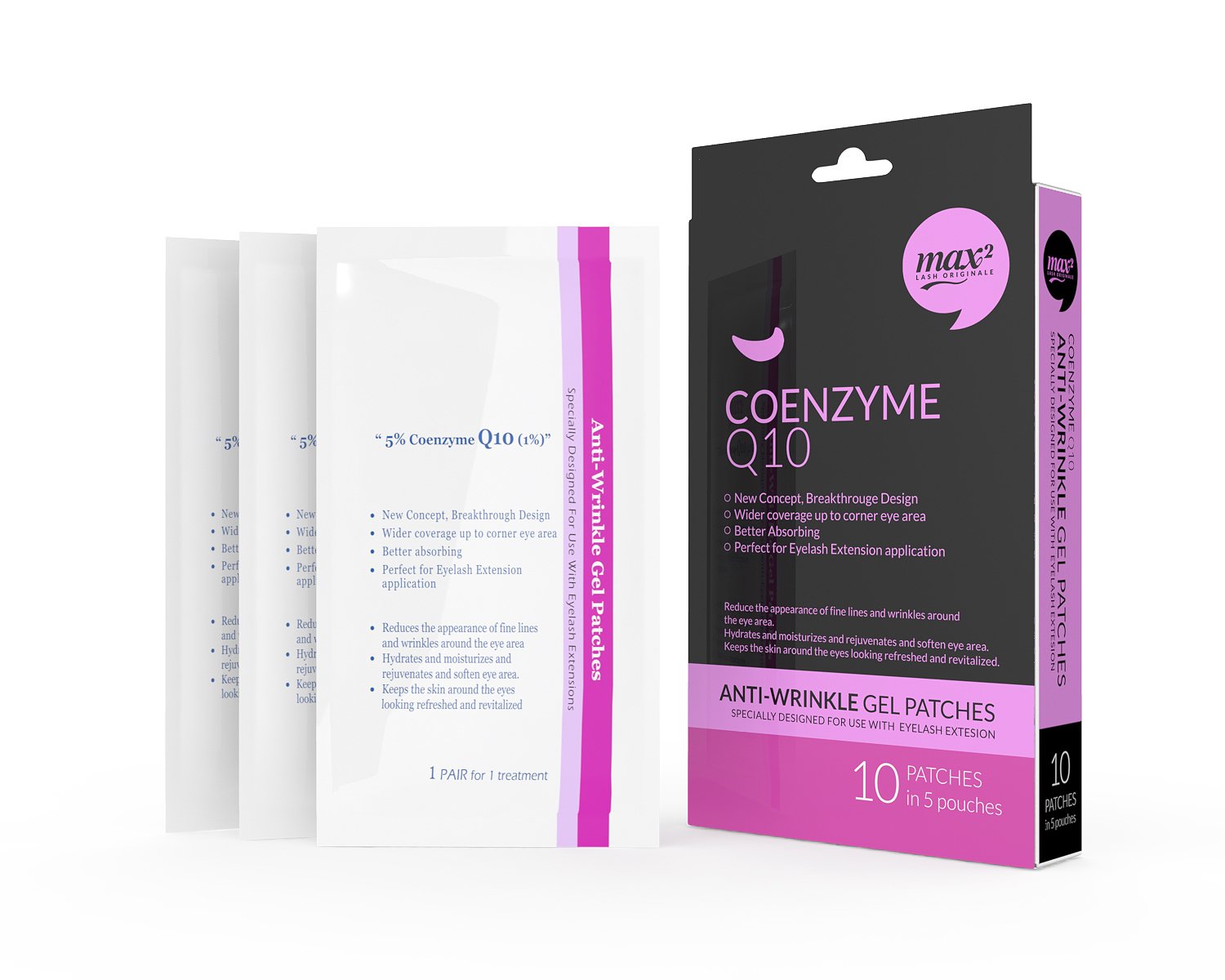 MAX2 Coenzyme Q10 Under Eye Pads - 5 Pairs Dark Circle Treatment for Puffy Eyes & Wrinkles - Perfect for Eyelash Extensions & Spa Days